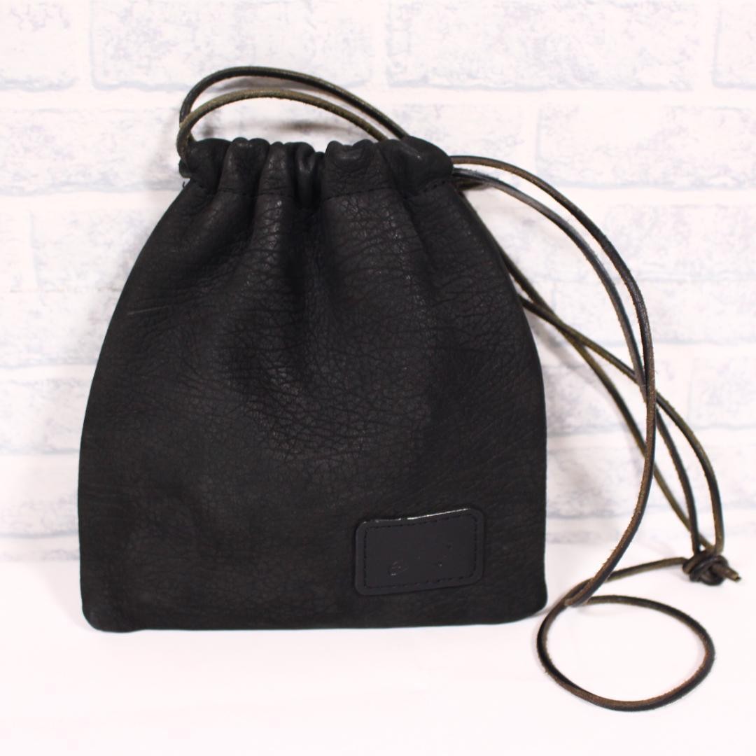 Nubuck Leather Drawstring Pouch Bag for Men and Women, Black, 8×7 inches, Used
