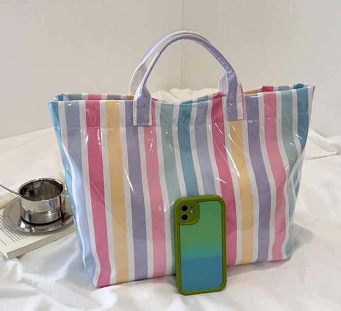 Womens Striped PVC Tote Bag Large Capacity Glossy Shopper Handbag Commuter