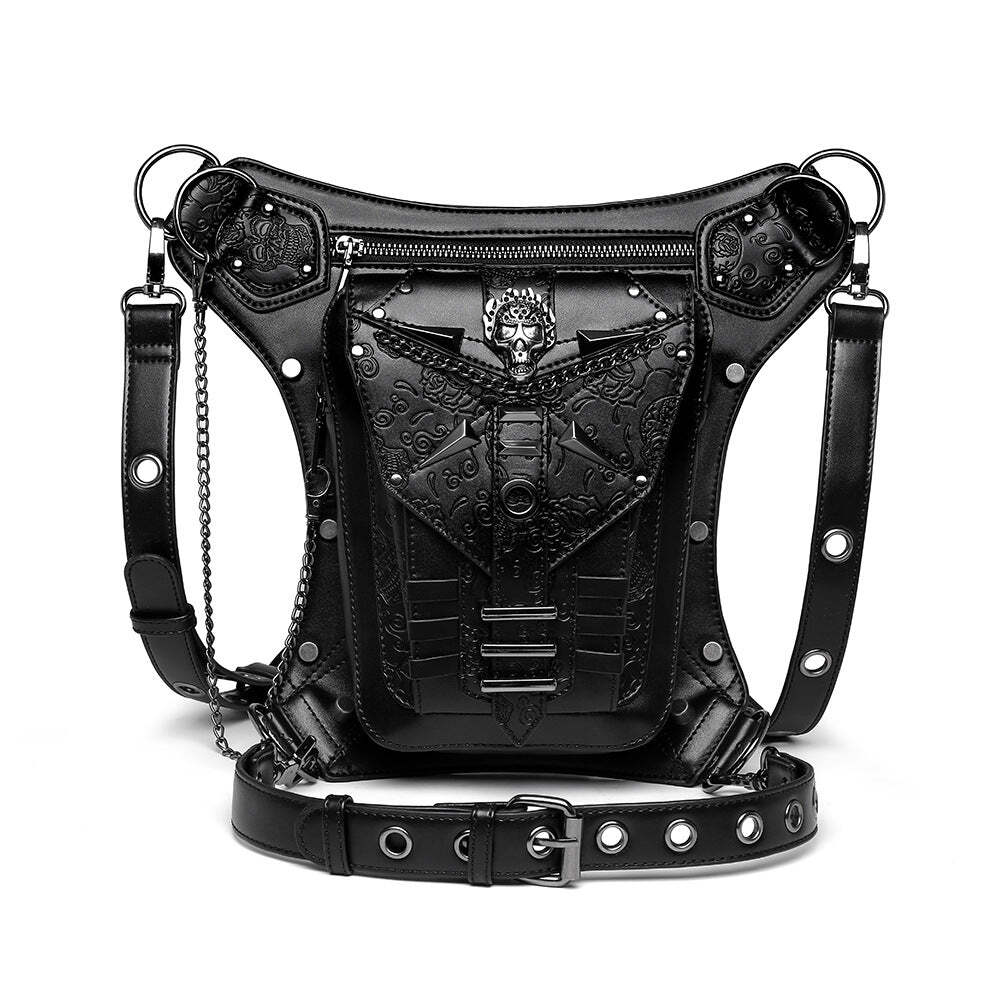 Black Leather Skull Rivets And Chain Multiway Unisex Bag