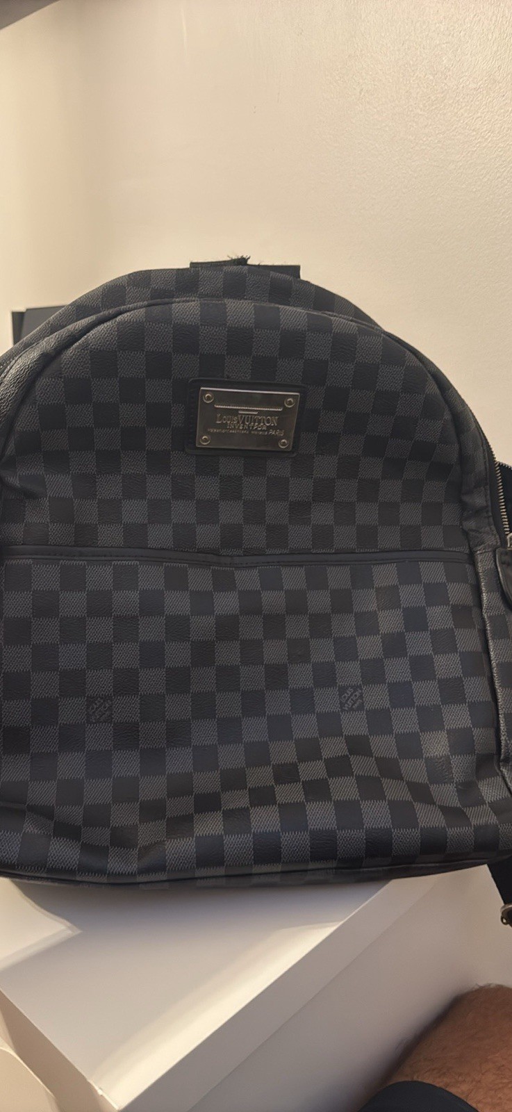 Louis Vuitton Men’s Checkered Zip Backpack Shoulder Strap Black Gray