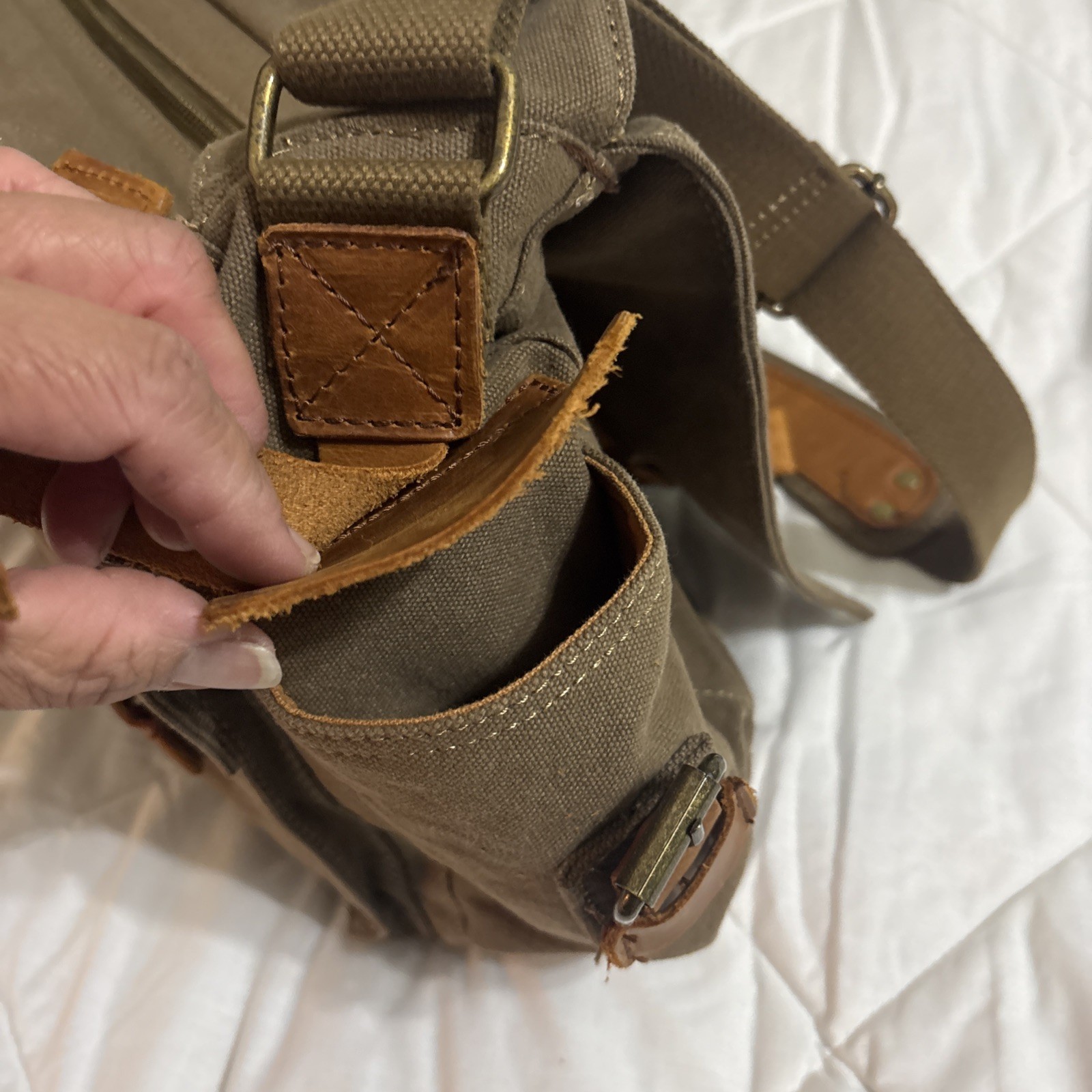 Kattee Canvas Messenger Bag Brown Leather Straps Snap Buckle Zip Adjustable Flap