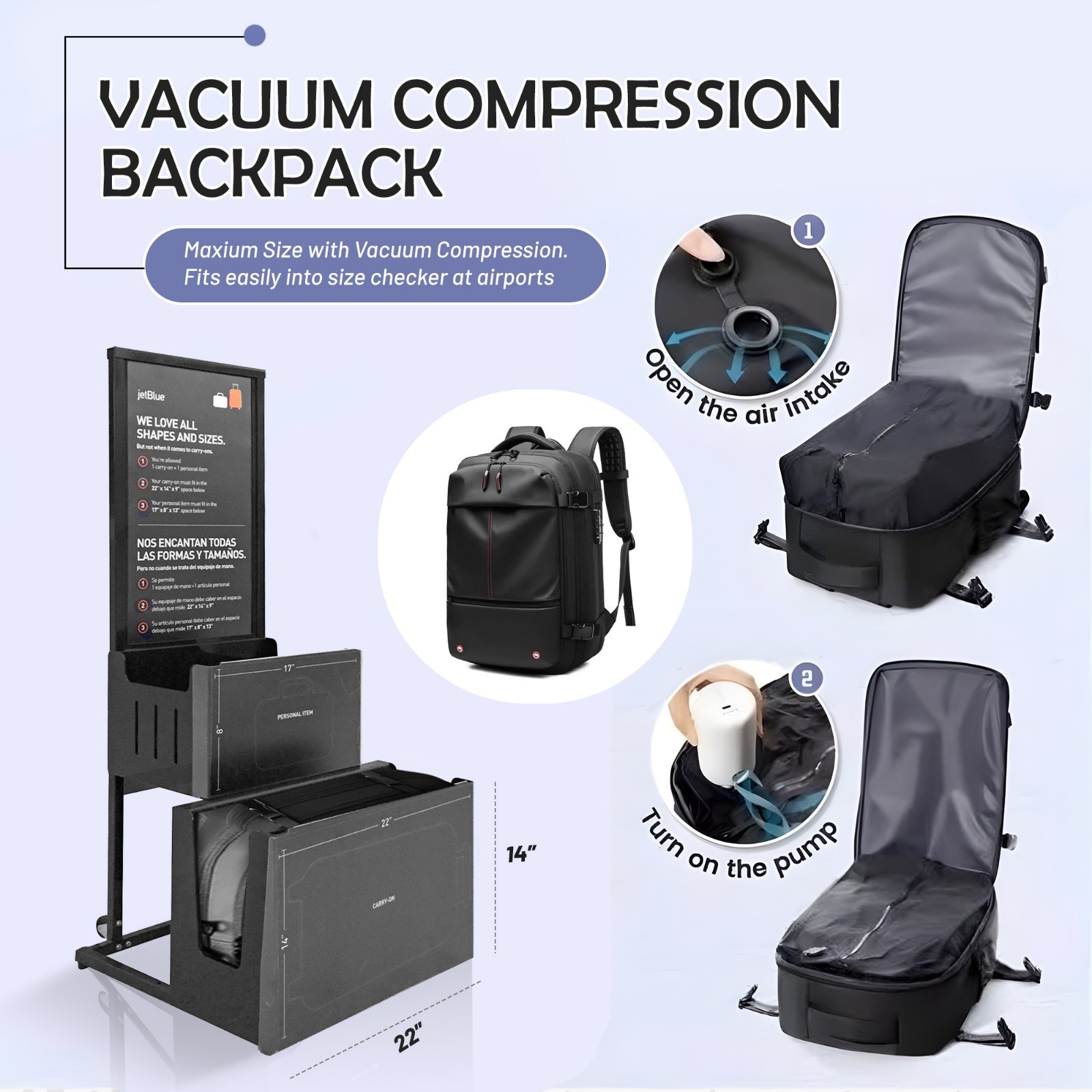 Vacuum Compression Travel Backpack – Expandable 17” Laptop Bag, Business, Hiking