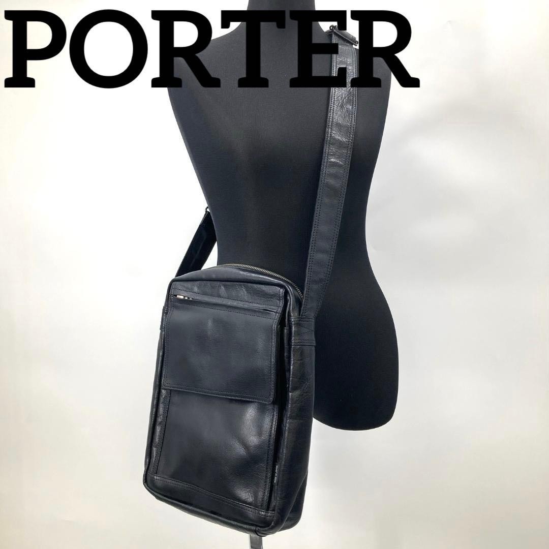 Authentic PORTER Shoulder Bag SQUARE Black 31cm x 23cm x 5cm Used Damage