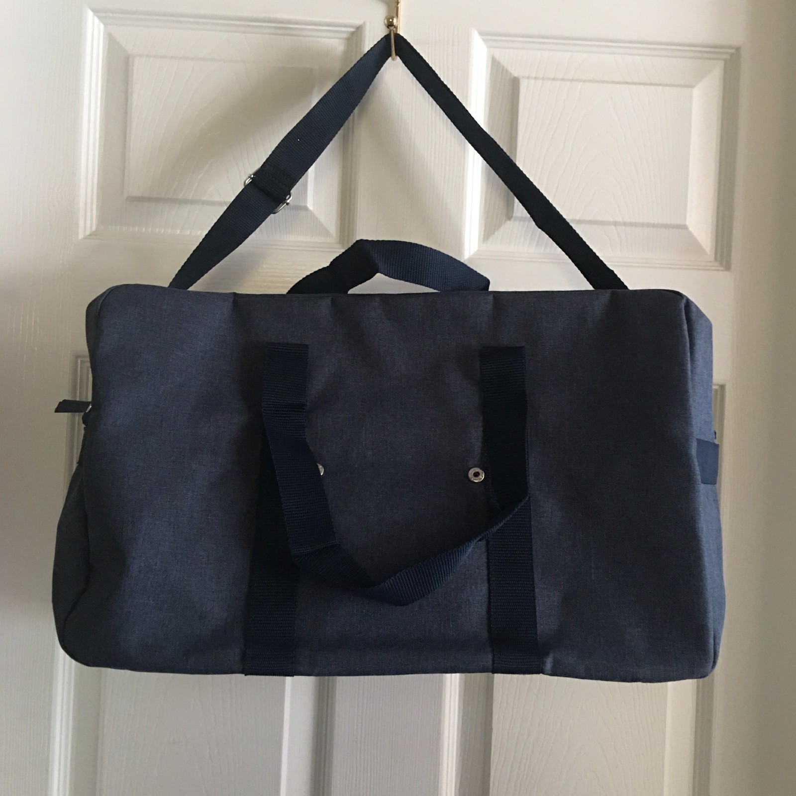 DSW Durable Denim-Look Navy Blue Duffel Bag with Detachable Shoulder Strap 17″W