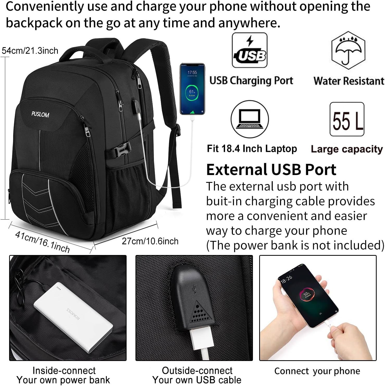 Extra Large Backpack for Men 55L,18.4Inch Travel Laptop Backpack with USB Chargi