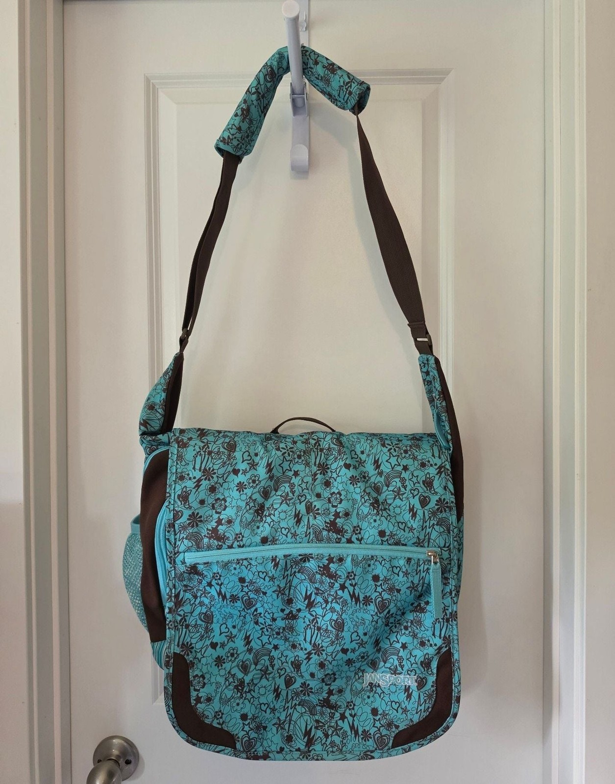 Jansport Y2K Messenger Bag Blue Brown Doodle Print Laptop School Crossbody