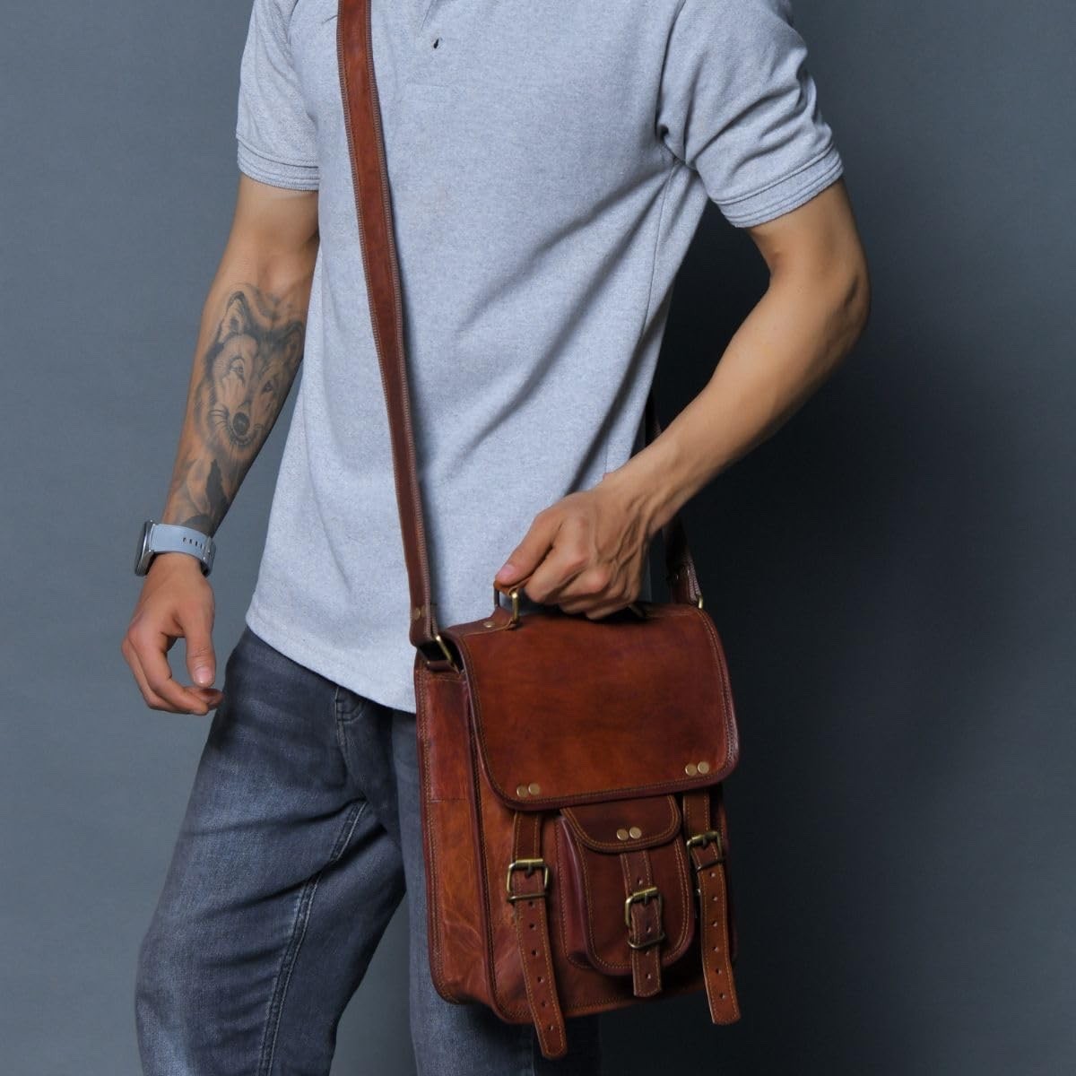 Genuine Leather Crossbody MessengerBag9x11Brown Shoulder Bag Tablet+Free Journal