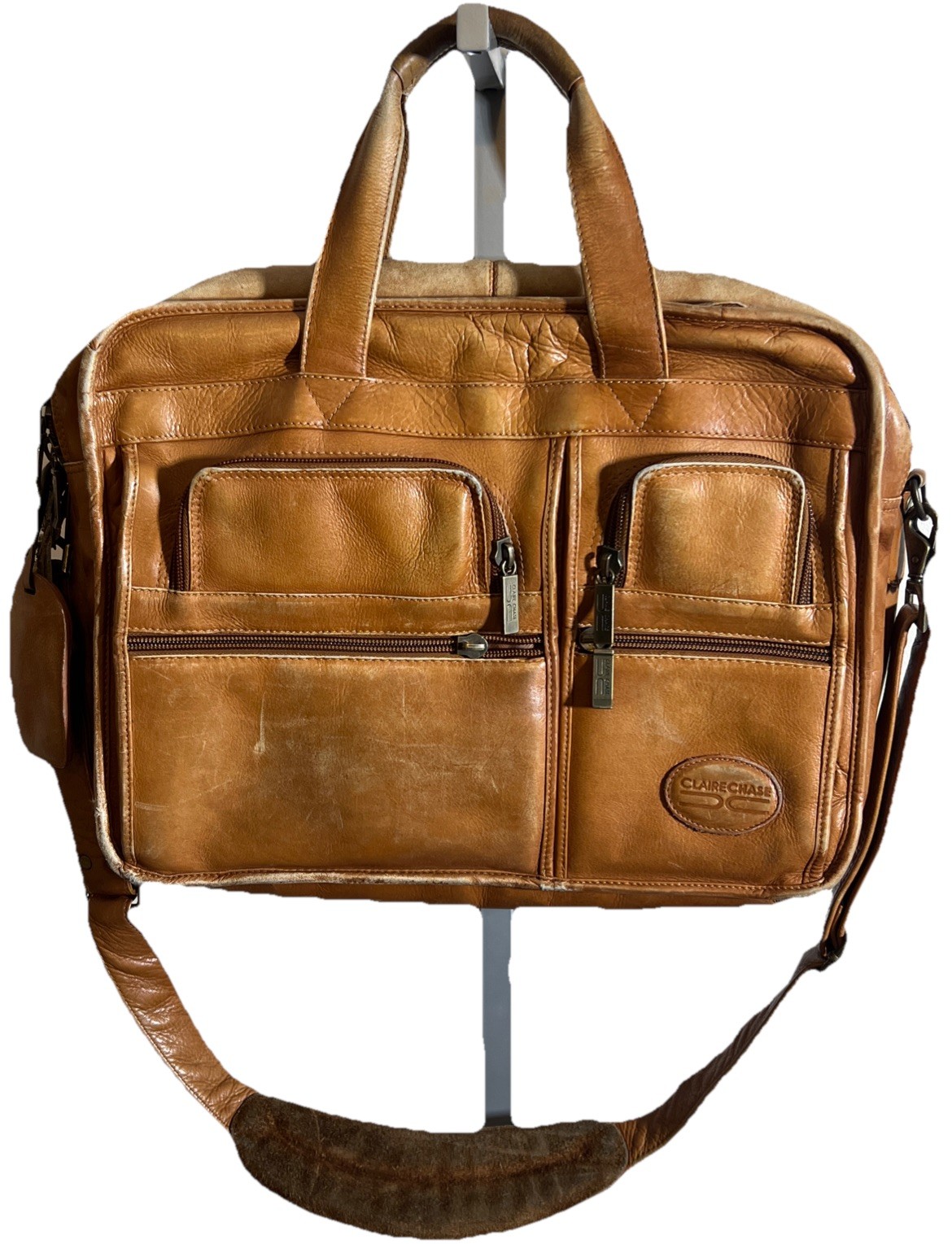 Vtg Claire Chase Leather Laptop Bag Messenger Briefcase Camel Brown Preowned
