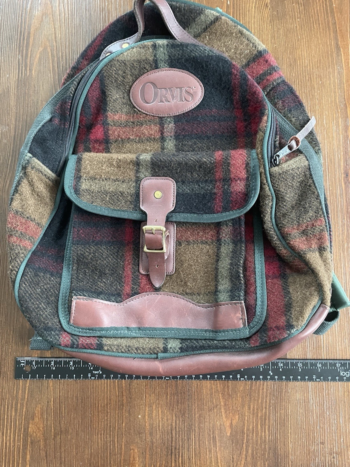 Vintage Orvis Backpack Plaid / Multicolor Brown Leather Made In USA Euc Rare 90s