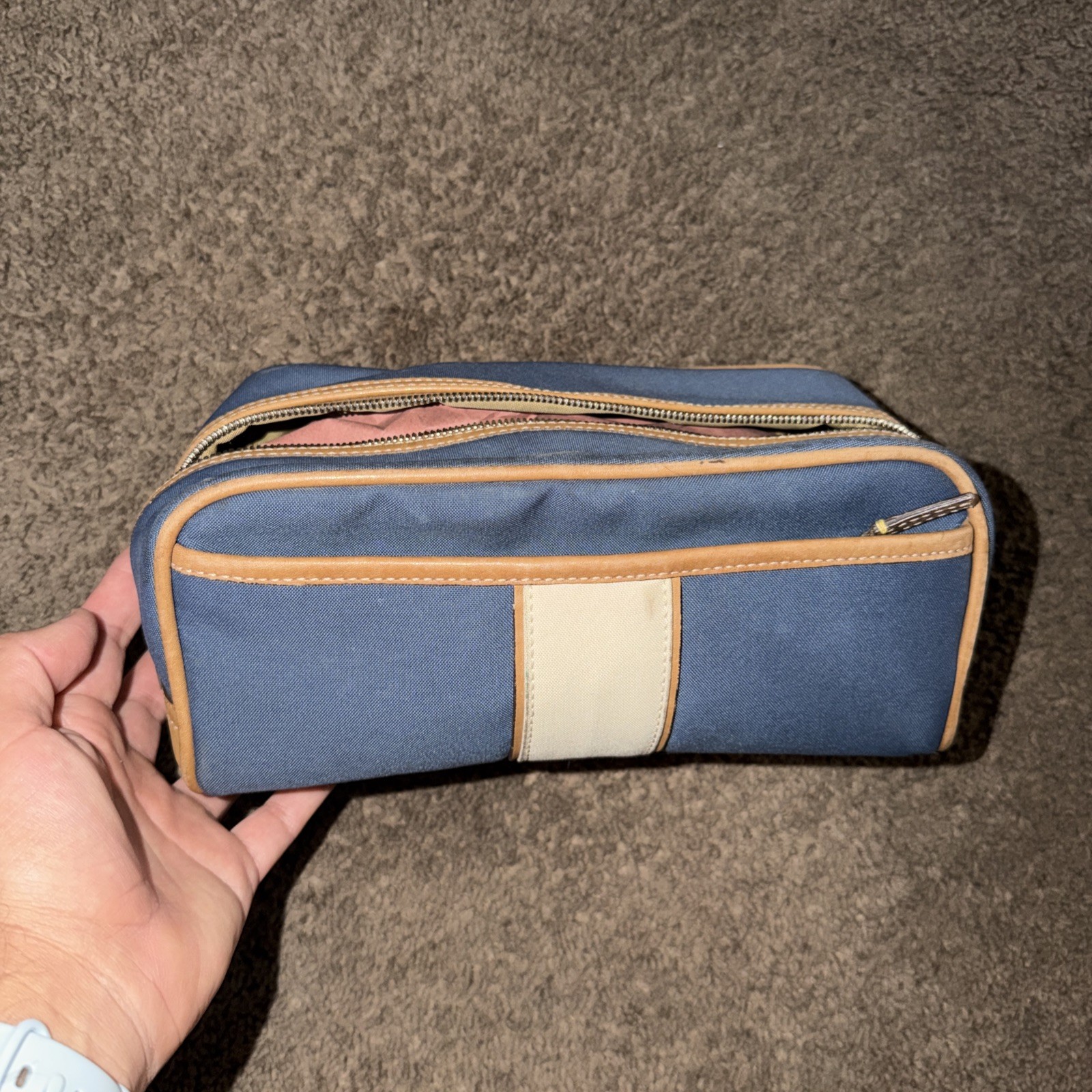 vintage Coach toiletry or cosmetic bag Blue Brown Leather Trim