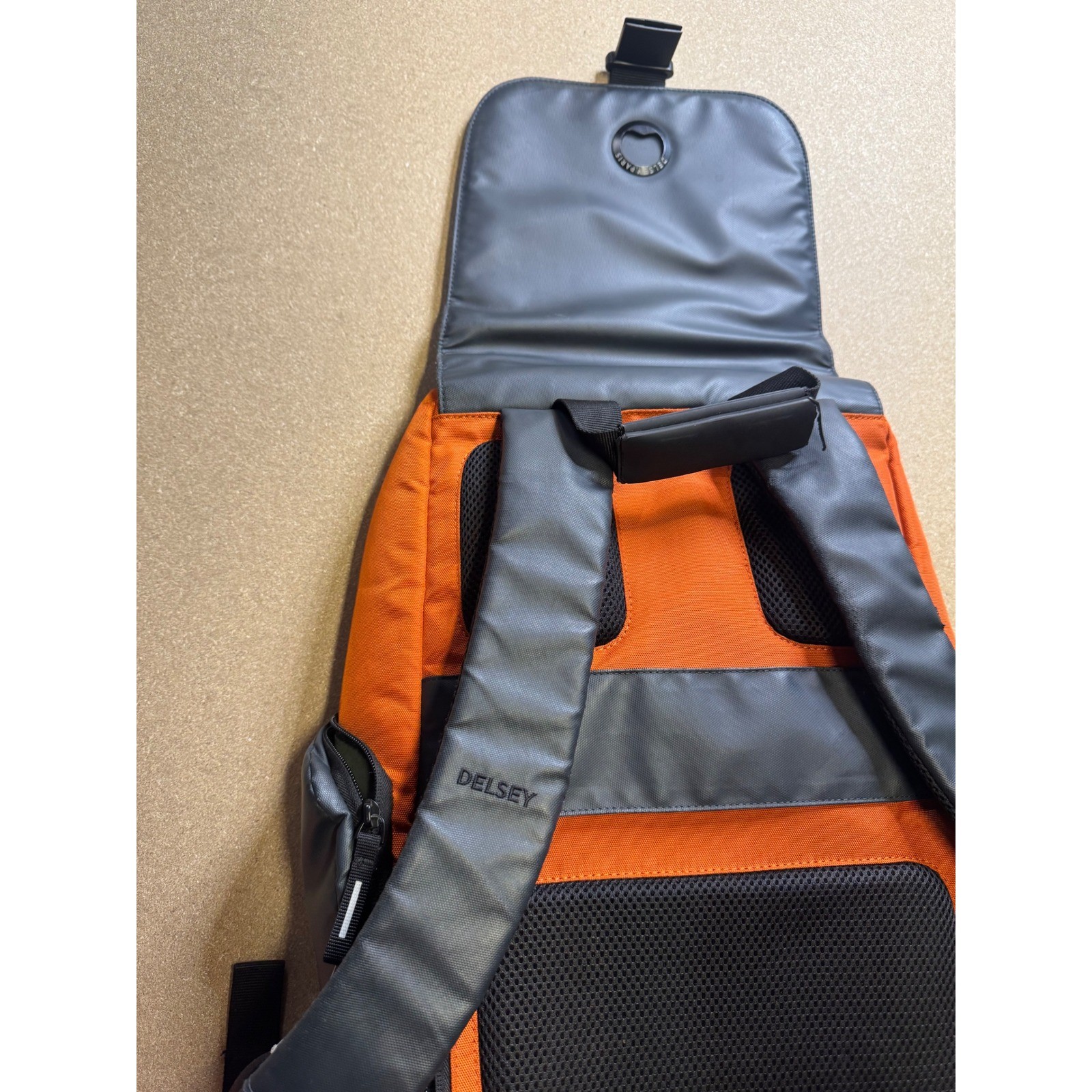 Delsey Orange Gray Tech Backpack Water Resistant Laptop Travel School Bag
