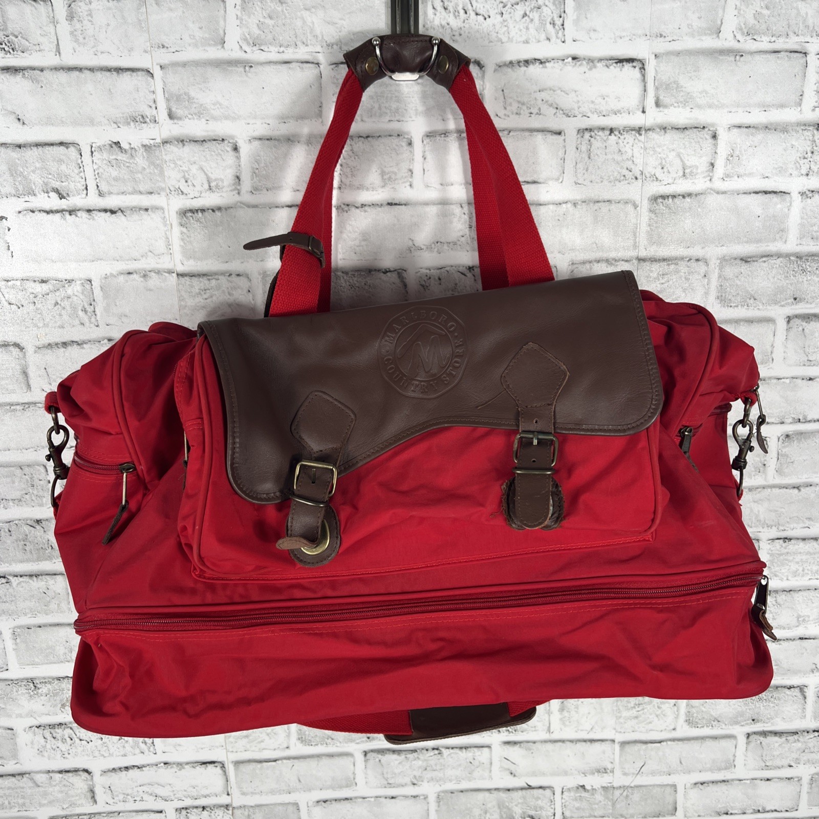 Marlboro Country Store Red Brown Canvas Leather Shoulder Travel Duffle Bag