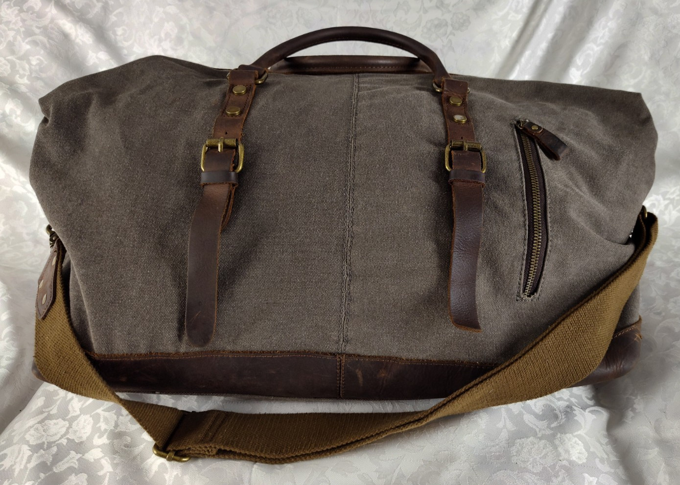 Vintage Gray Canvas & Brown Genuine Leather Weekender Duffel Bag