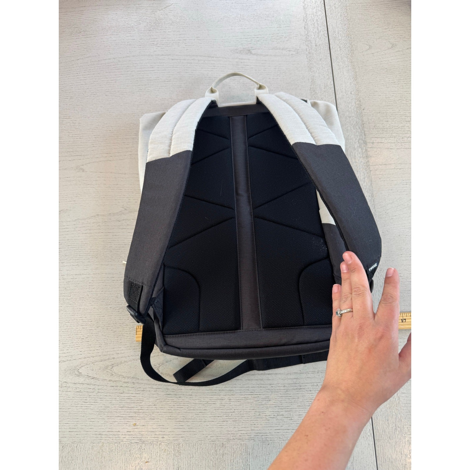 NWOT THULE Jartop Backpack Laptop Work Bag Grey and Beige with Company Logo (B)