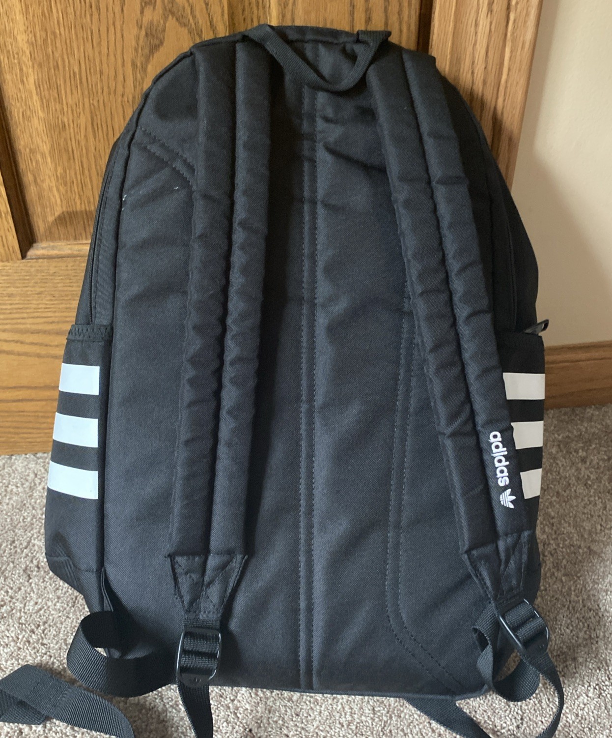 EUC Adidas Black Trefoil Logo Backpack with White Accents Adjustable Straps
