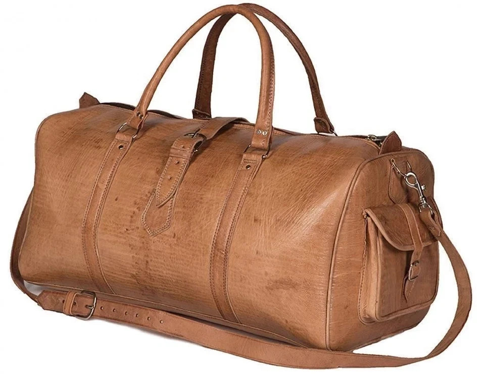 Genuine Goat Duffel Bag Handmade Weekend Travel Bag Large Aged Brown Leather