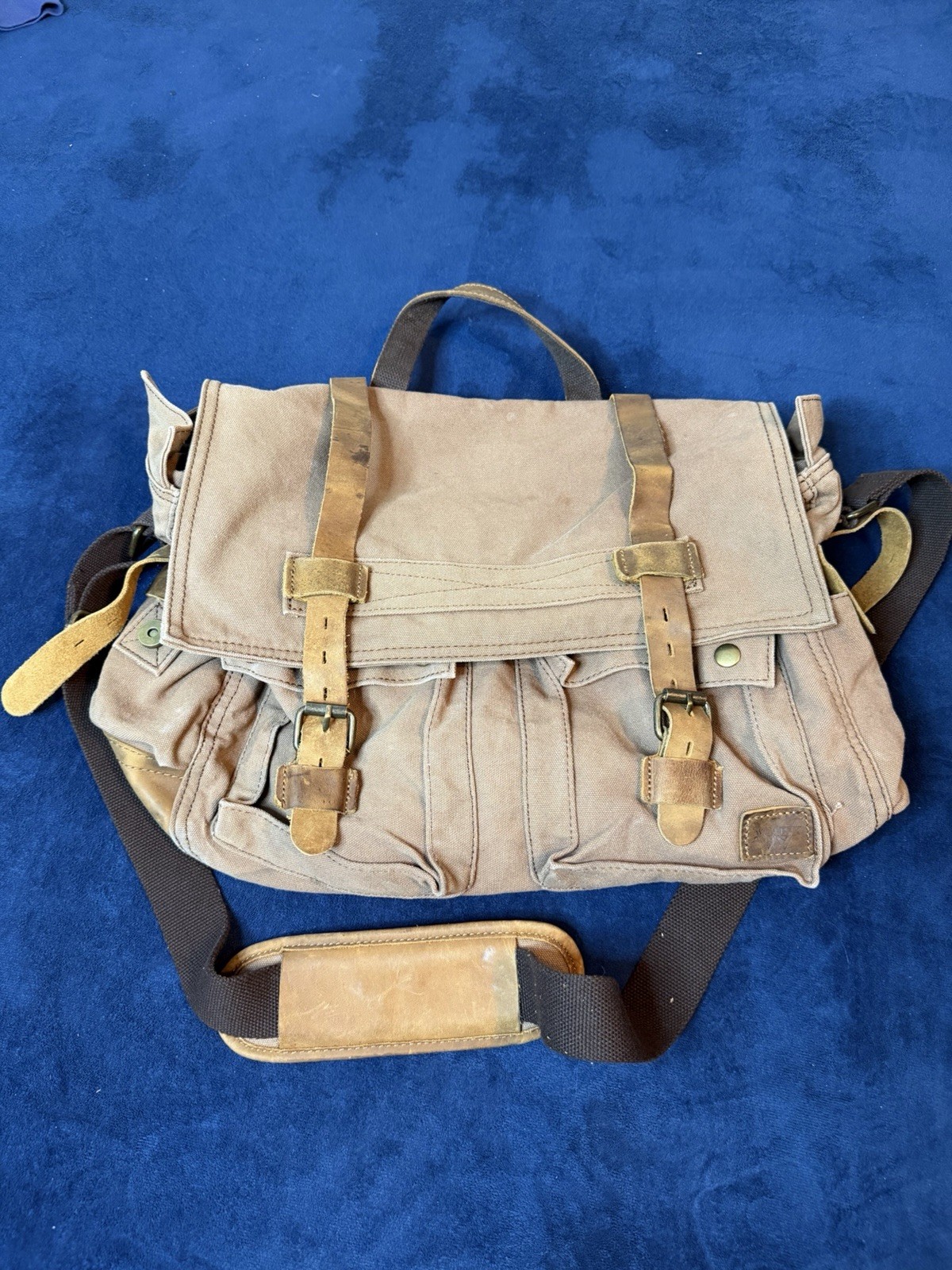Vtg Mens Canvas Leather Shoulder Bag (See Photos) Beige/Khaki Medium