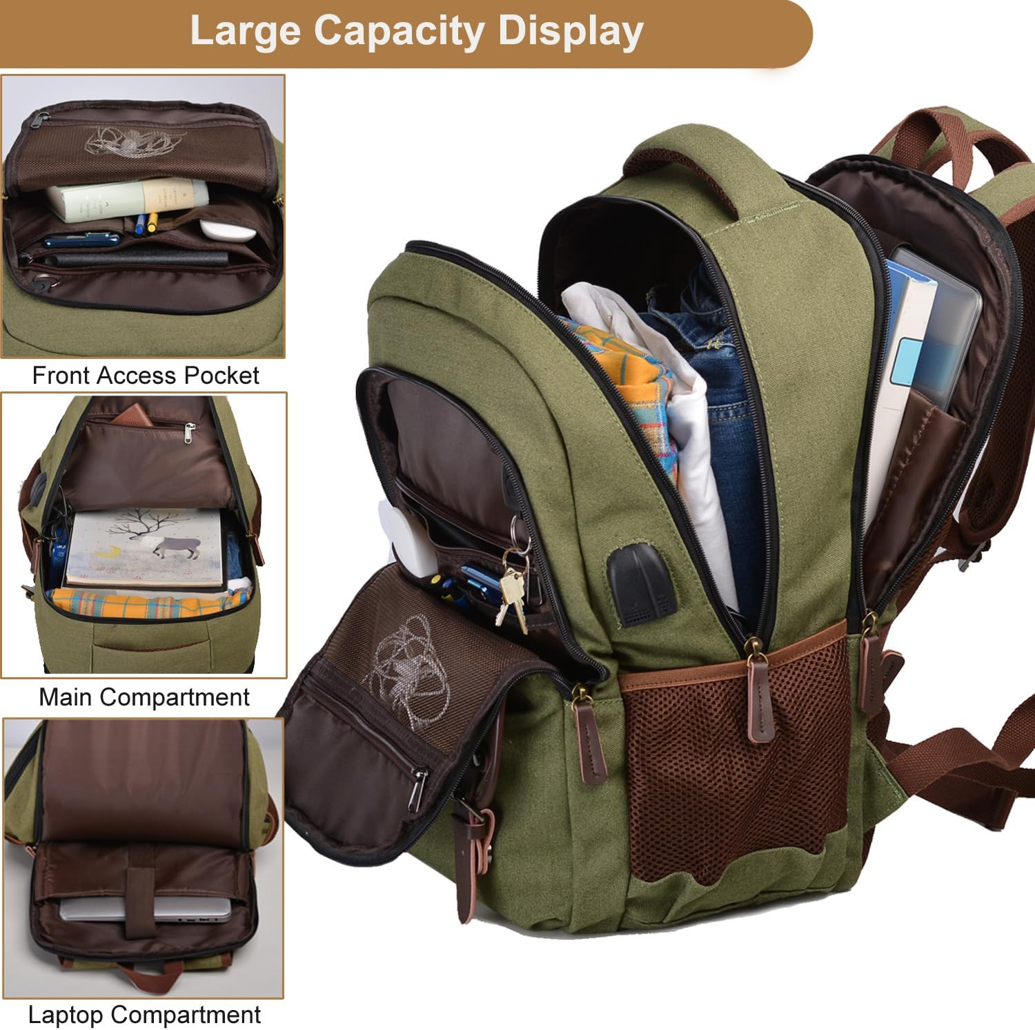 Stylish Canvas Laptop Backpack with USB Port for 15.6″ Laptop – Green
