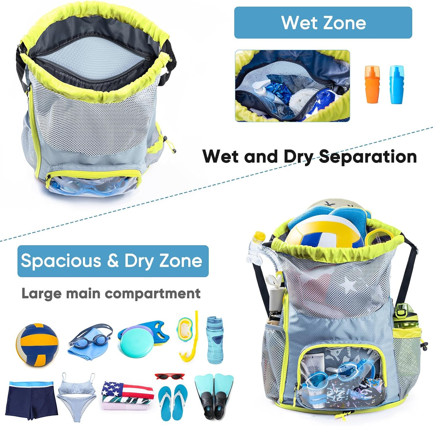 Mesh Drawstring Backpack with Shoe Compartment, Wet Pocket Beach Swim Bag