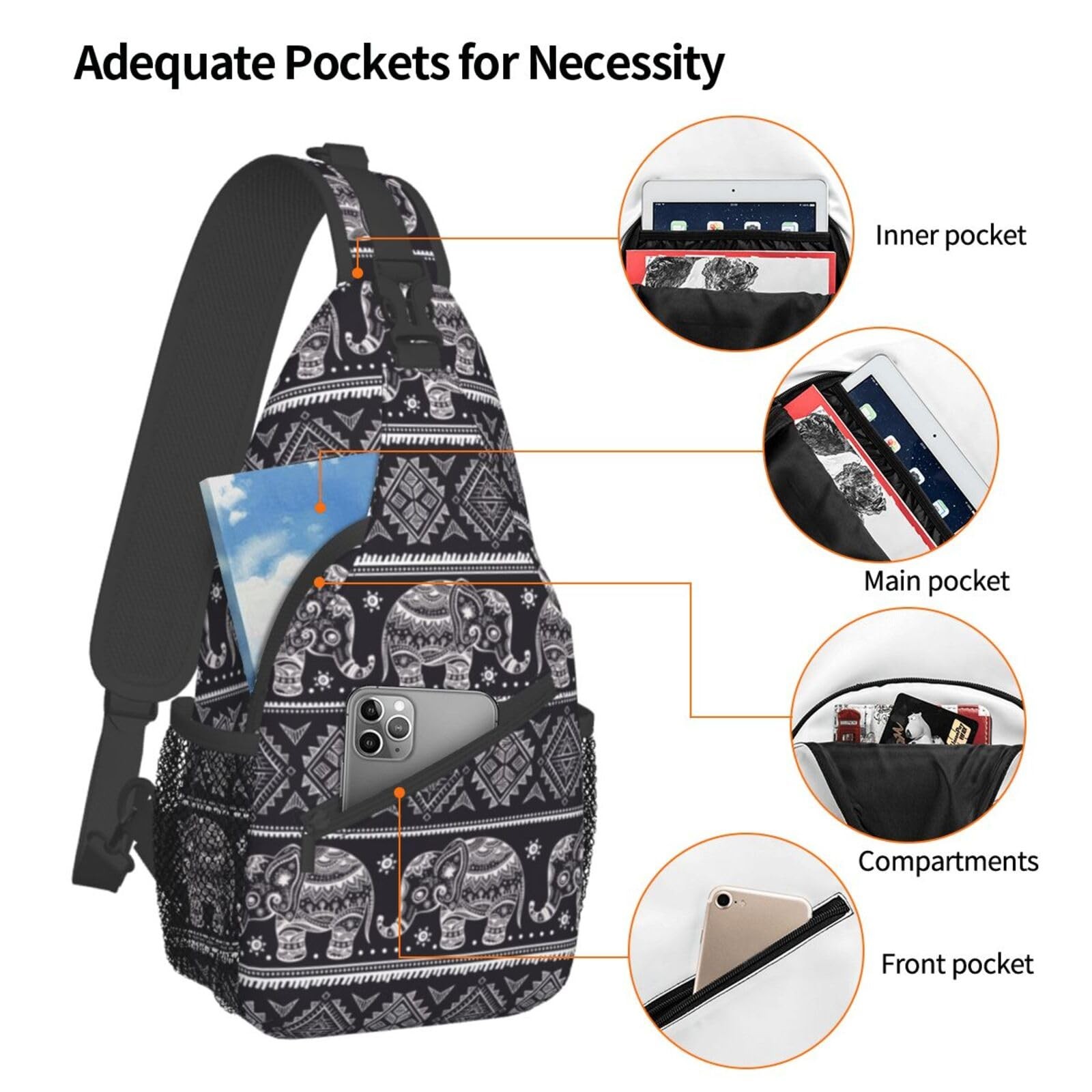 Boho Elephants Sling Backpack Unisex Crossbody Chest Bag Shoulder Chest Bag F…