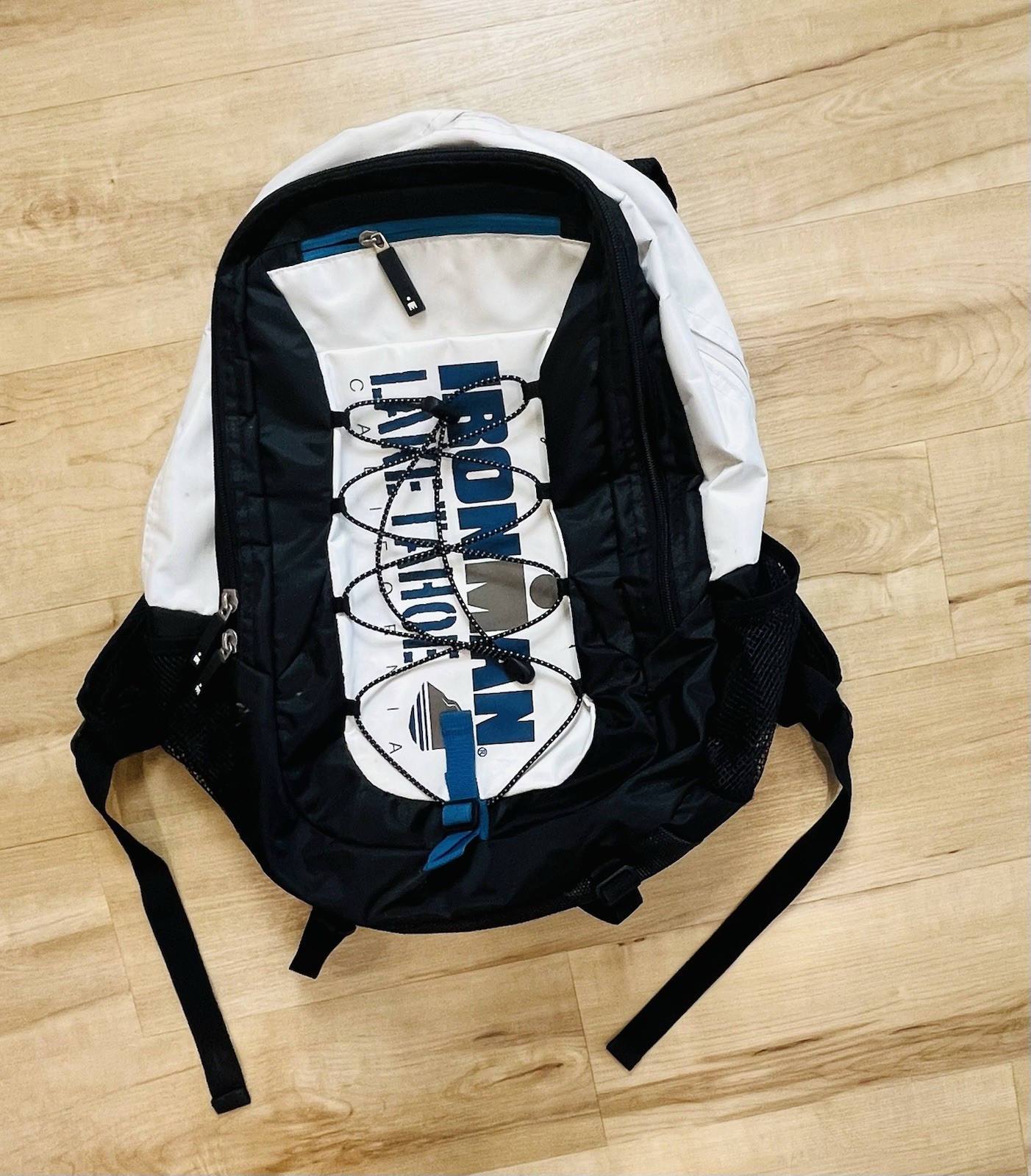 IRONMAN Lake Tahoe Triathlon Backpack Black And White With Blue