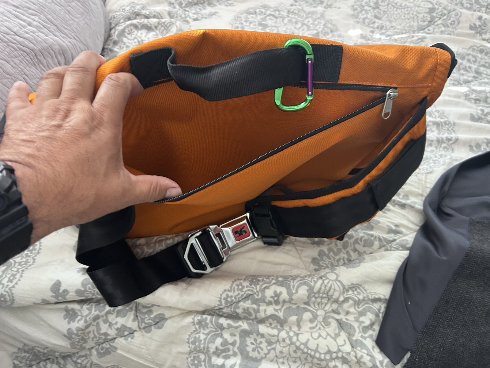 Chrome Orange/Gray/Black Messenger Bag, Zip & Buckle Closure, Adjustable Strap