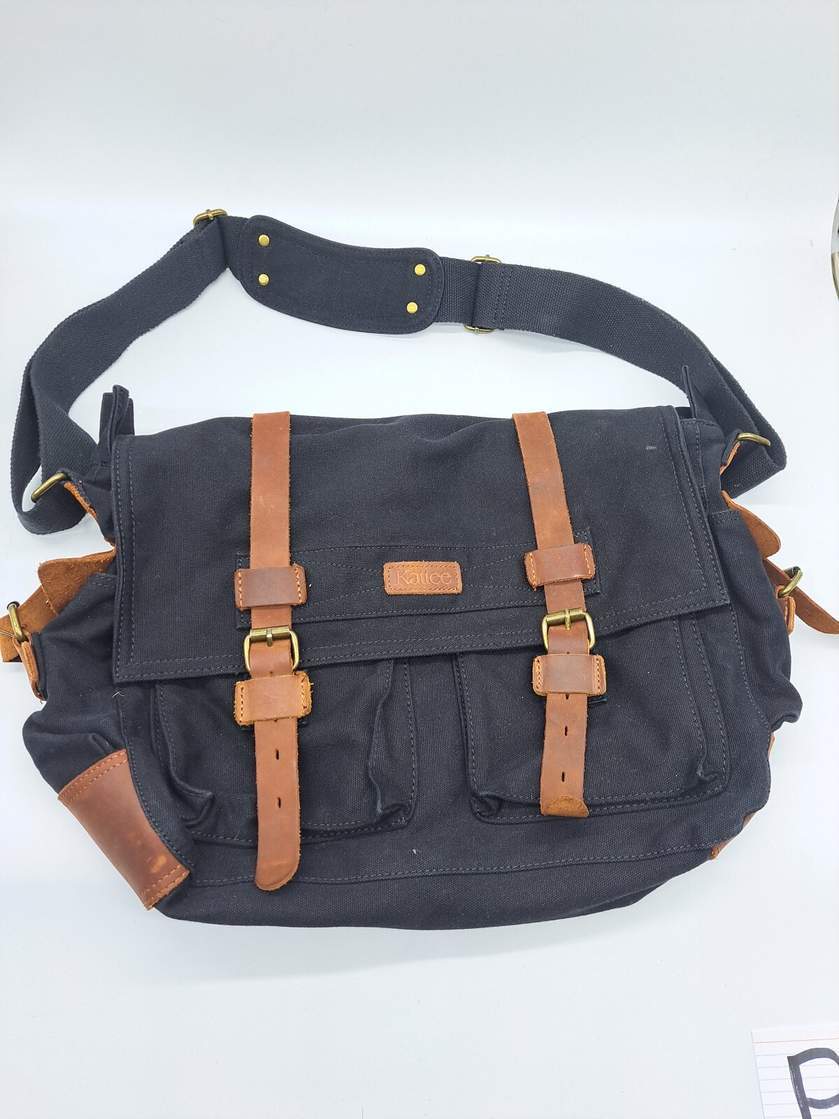 Kattee Military Messanger Bag Canvas Leather Shoulder Bag Camera Laptop Black