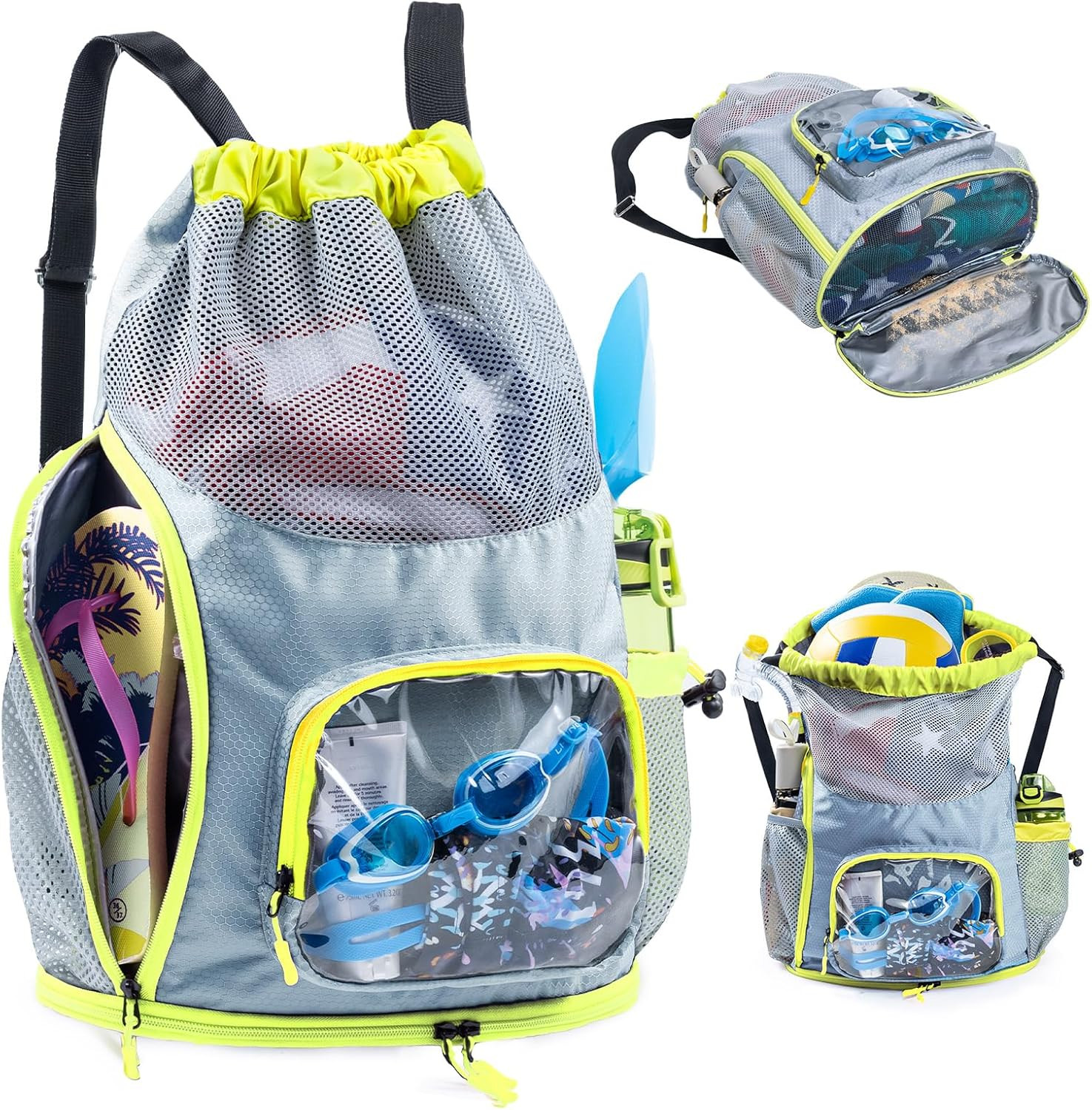 Mesh Drawstring Backpack with Shoe Compartment, Wet Pocket Beach Swim Bag