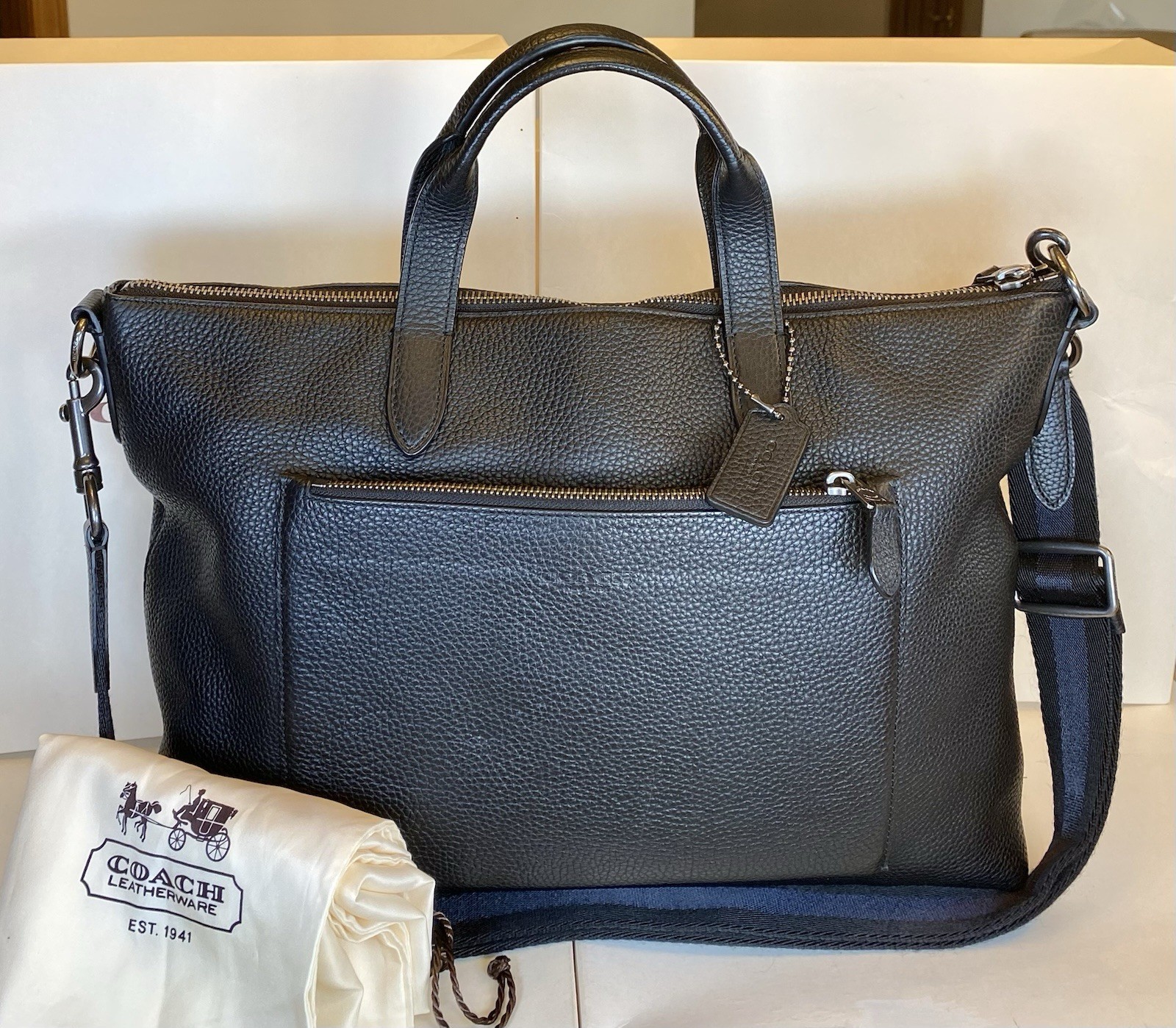 Coach 72304 Manhattan Business Bag In Soft Calf Pebbled Leather Black Briefcase