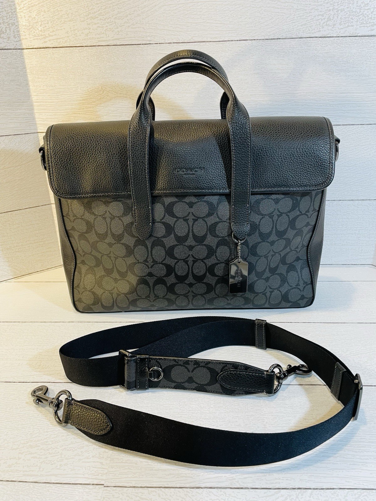 Coach Sullivan Portfolio Leather Brief Signature Stamped Black Gray C9873