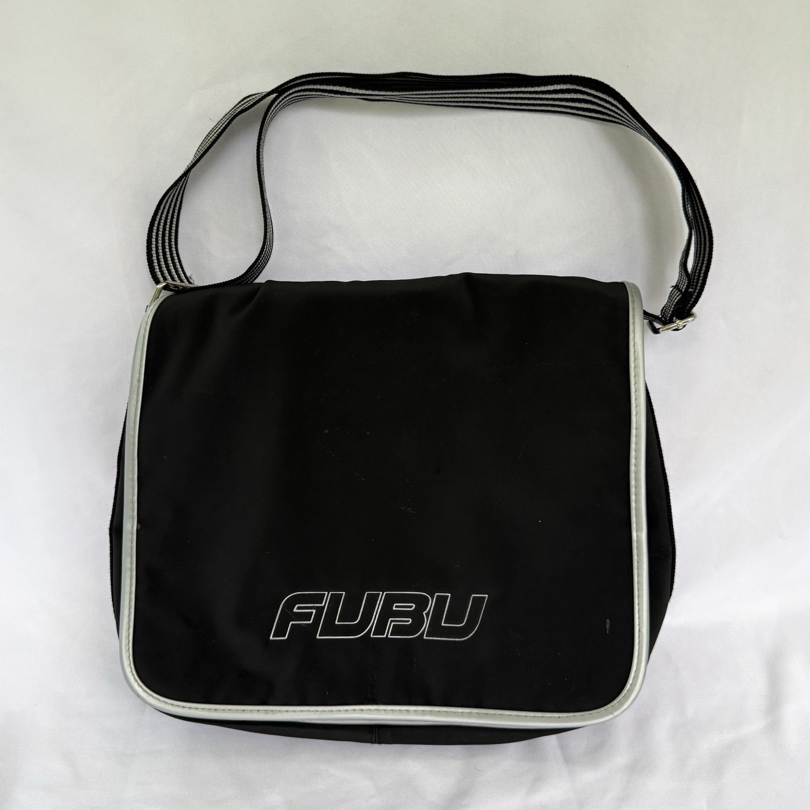 FUBU Early 2000s Crossbody Bag Black Silver Y2K Shoulder Laptop Book School Bag