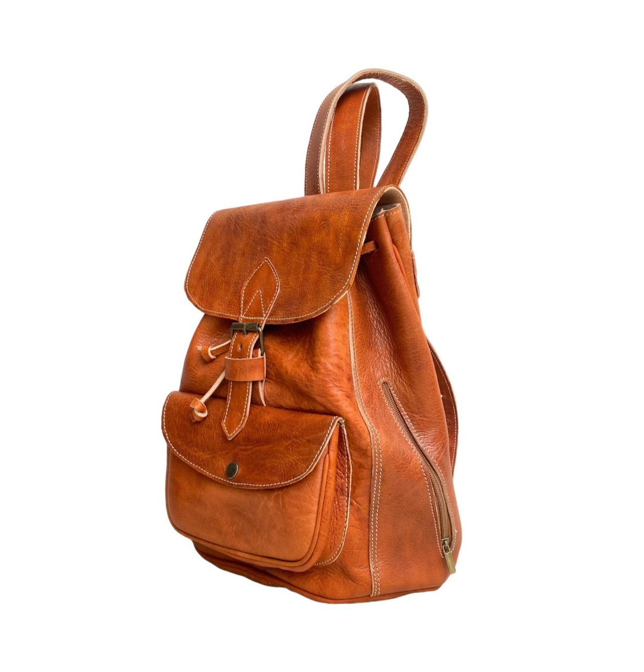 Cognac Leather Backpack Handmade Morocco Button Closure Back Zip Pocket