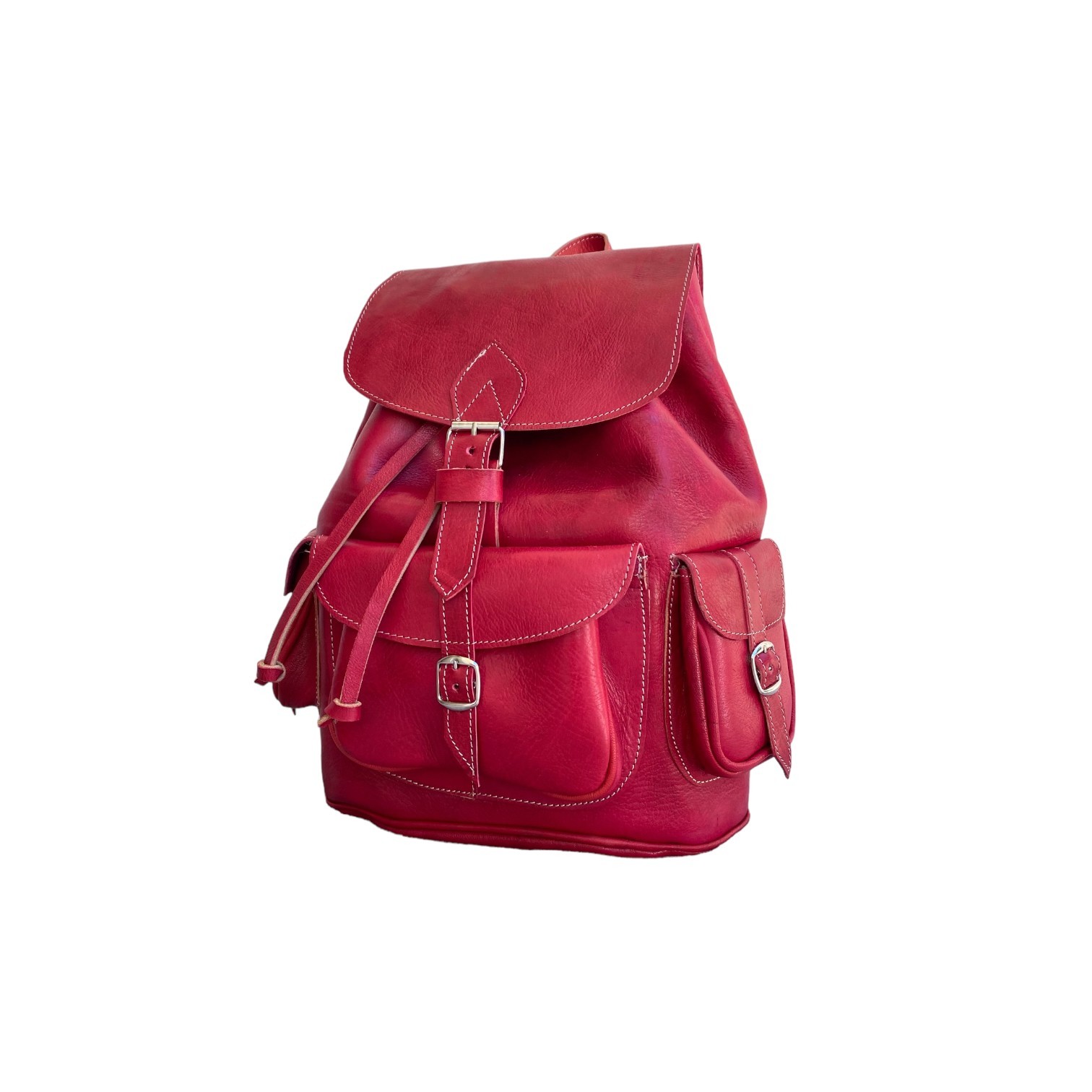 Red Leather Backpack Handmade Morocco Belt Buckle Front Back Pocket Bag