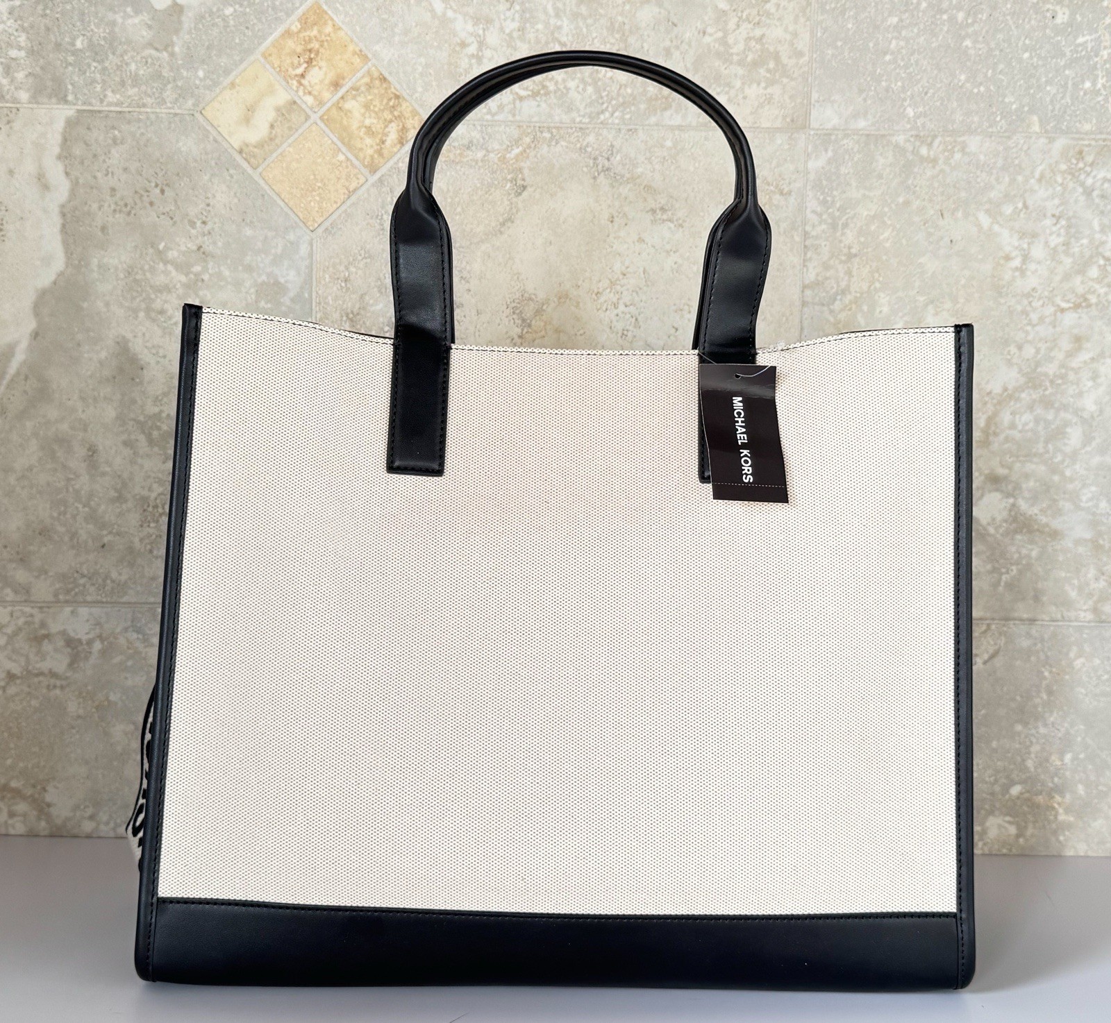 MICHAEL KORS COOPER XL COMMUTER STRUCTURED TOTE SHOULDER BAG NATURAL BLACK