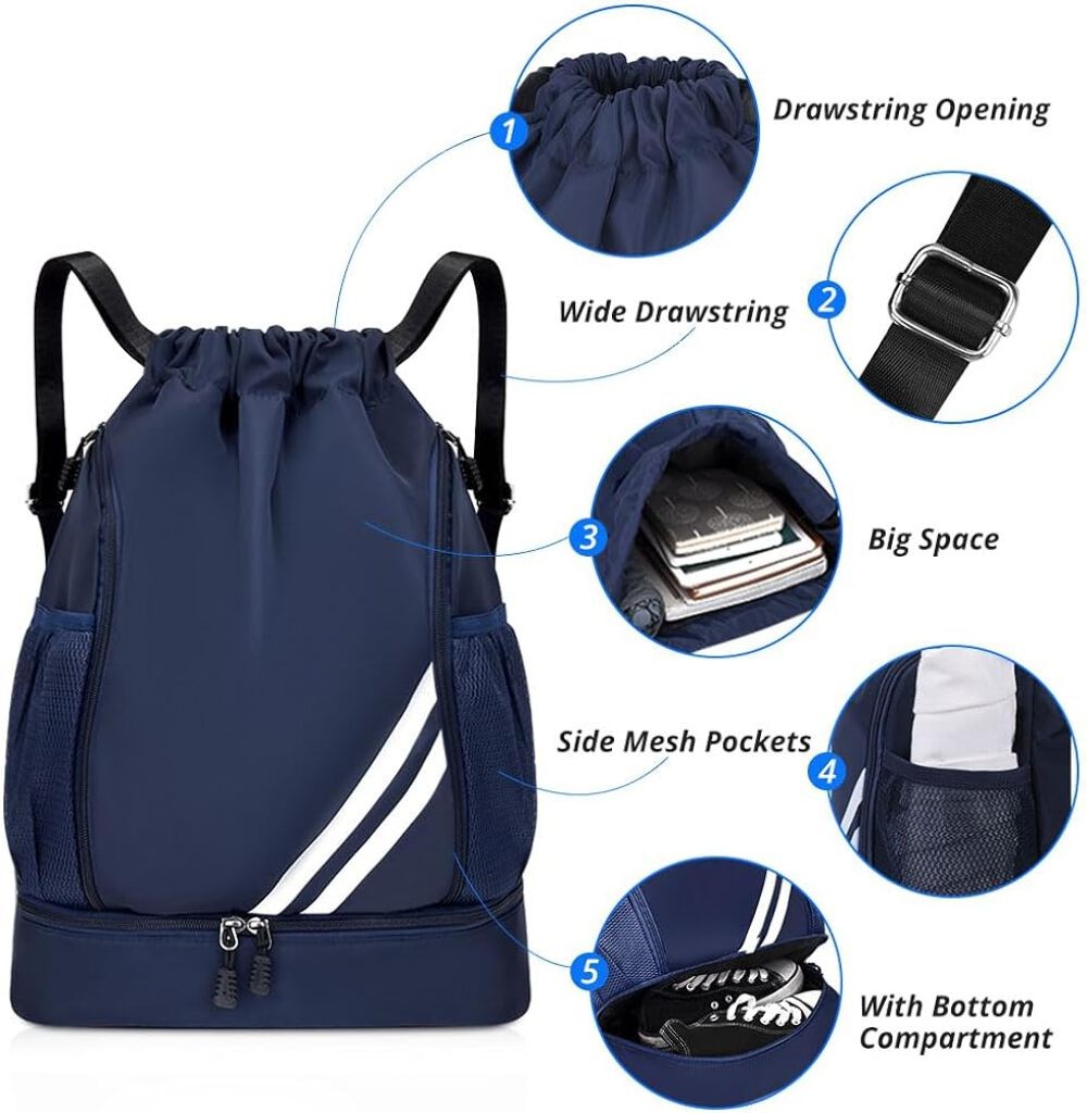 Ball Bag Drawstring Backpack, Sports Gym Bag with Shoes Compartment Side Mesh Po