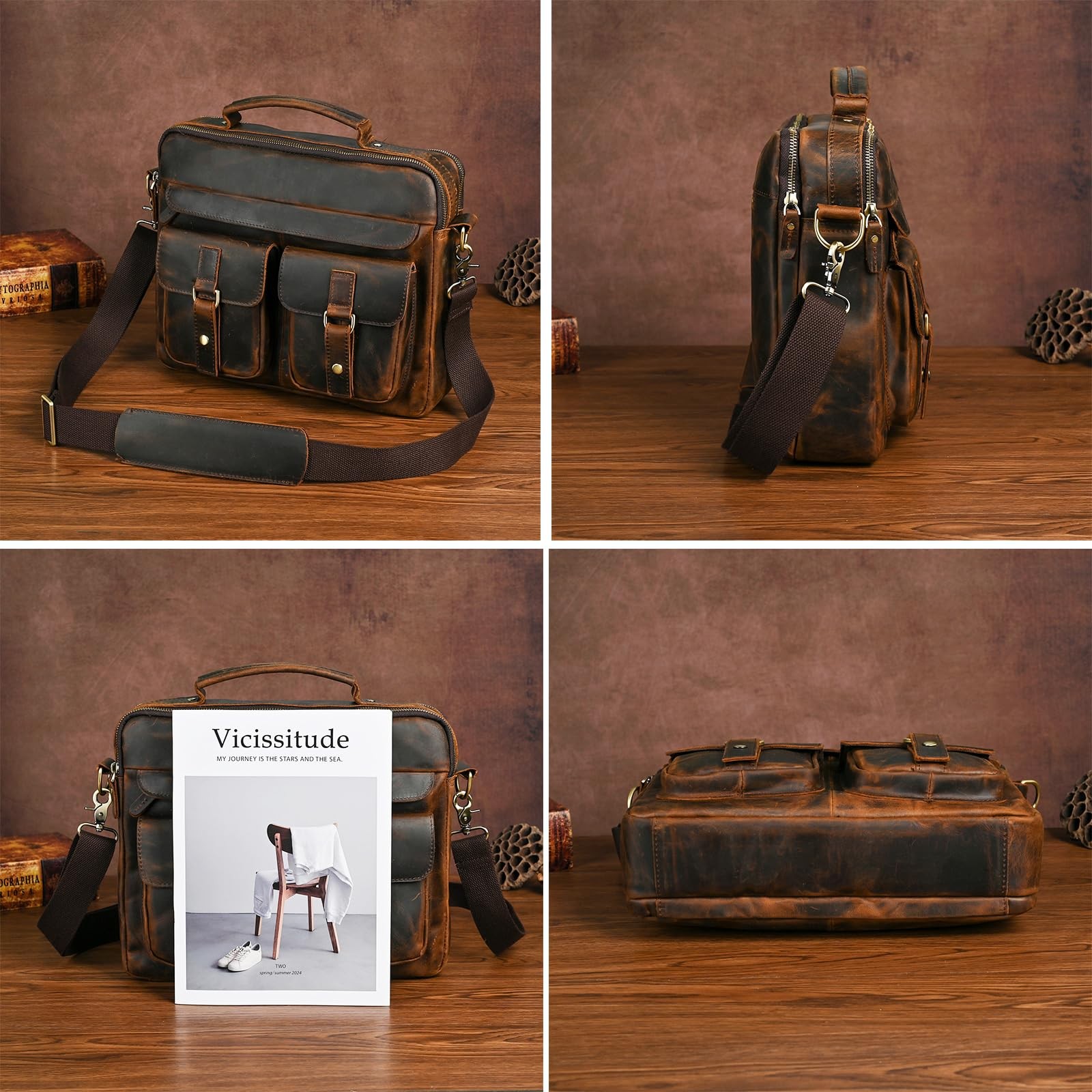Water Resistant Canvas + Leather Business Attache Tote Briefcase 14″ Laptop O…