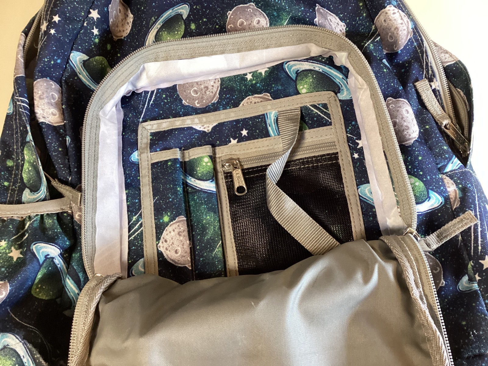 LL Bean Vintage Space Backpack Navy Blue with Planets and Stars, Many Pockets