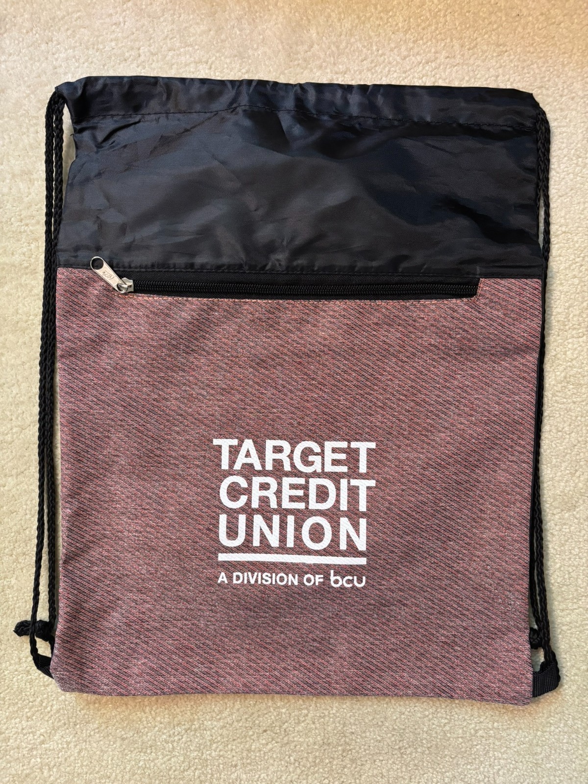 Target Credit Union Drawstring Backpack! Black and red. zipper pouch, heavy duty