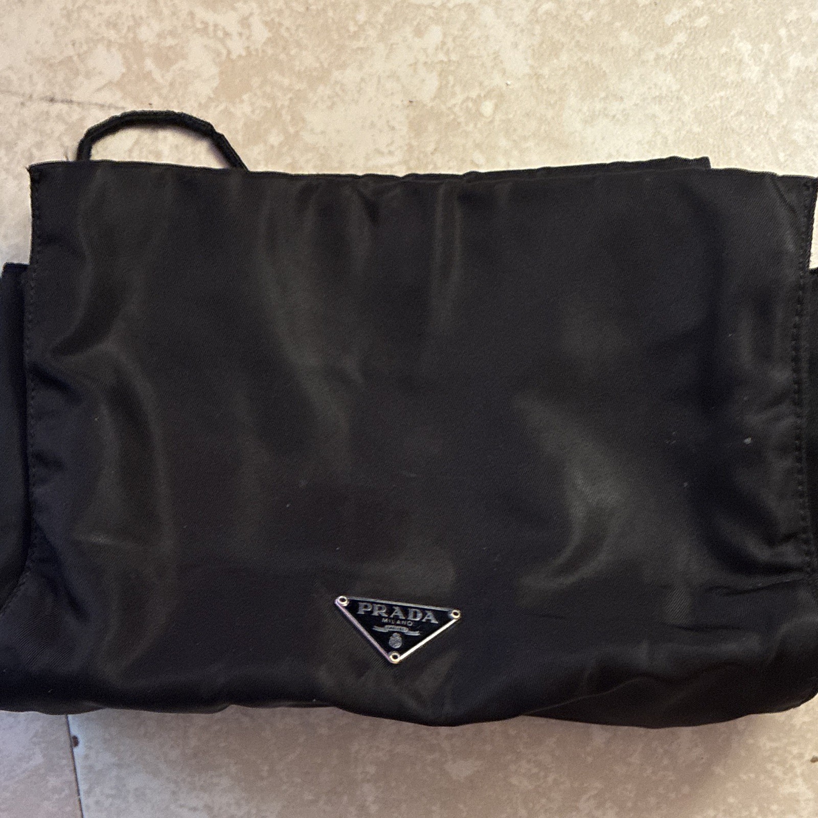 PRADA Black Small Clutch Wrist Strap Snap Closure Logo Plaque Pouch Bag