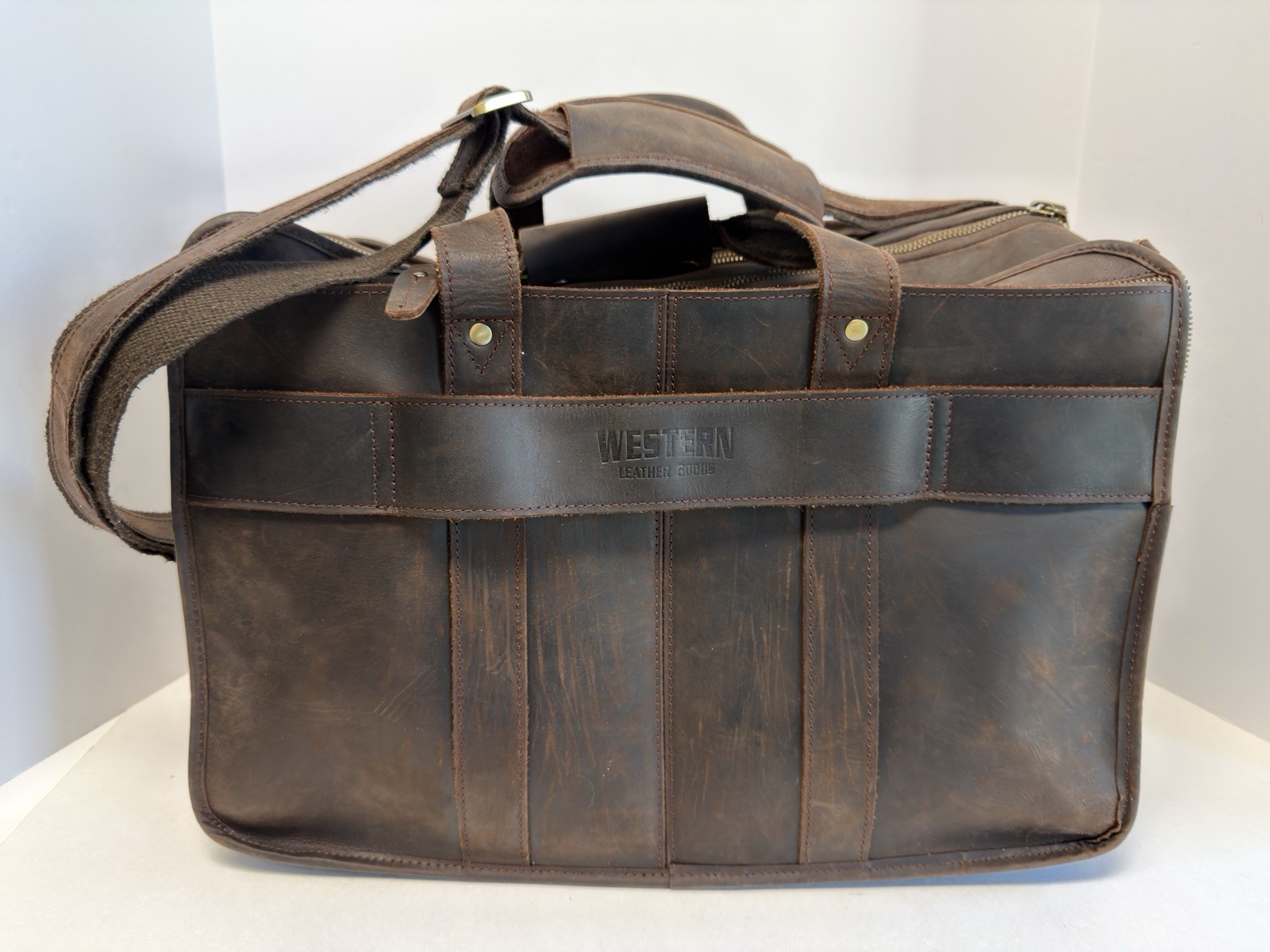 Western Leather Goods Men’s XL Capacity 2 Way Shoulder Brown Patina Bag Work EUC