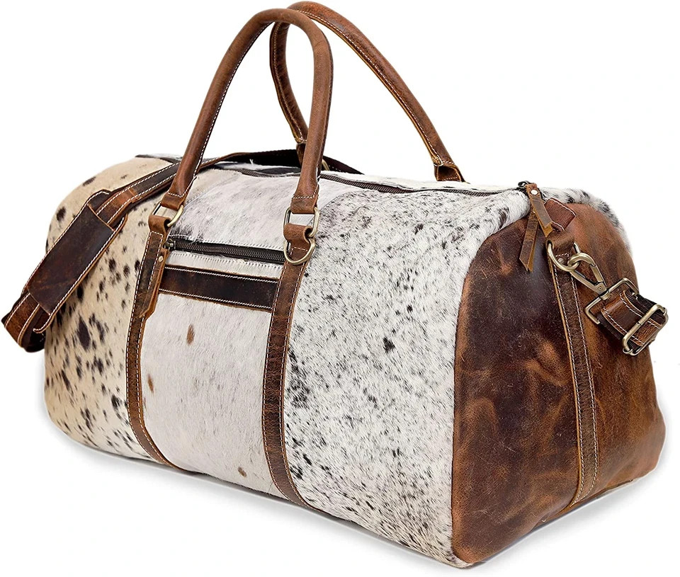 CLA Cowhide & Leather Travel Bag, Hair on Leather Duffel Bag for Men, Leather Du
