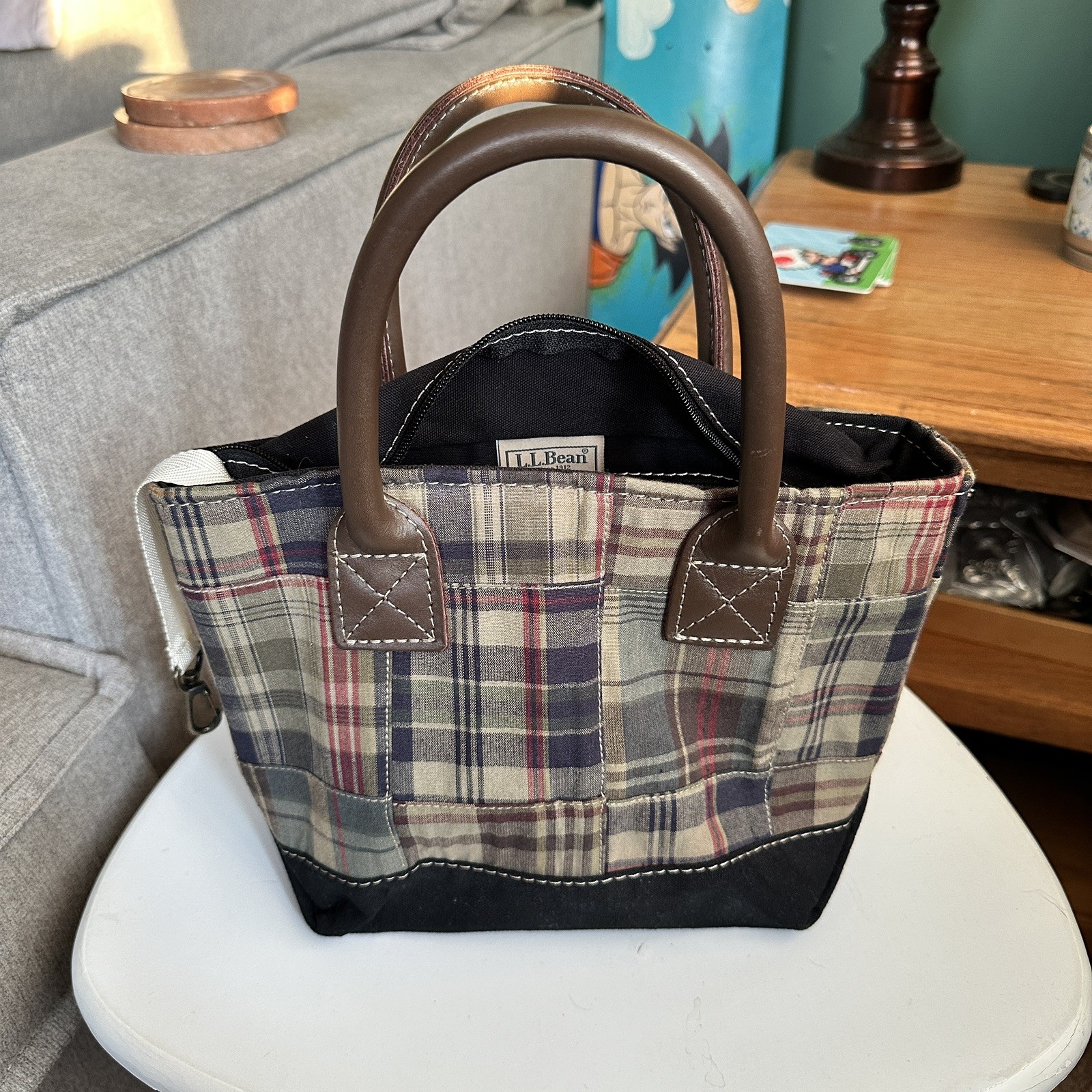 Vintage LL Bean Boat Tote Mini Madras Plaid Patchwork Leather Handles H8 x W11