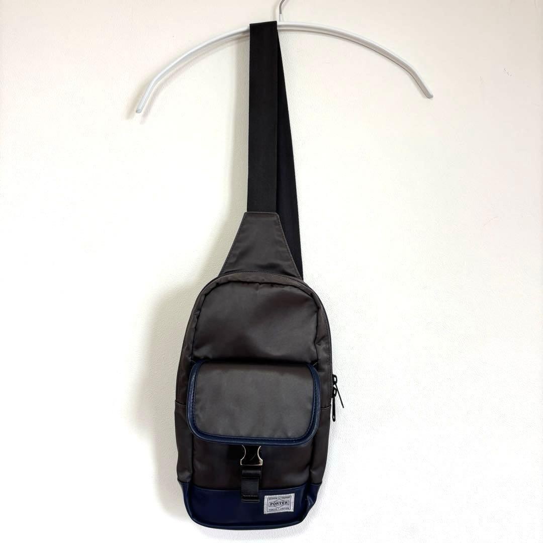 Authentic PORTER Yoshida Leather Sling Bag Gray/Navy 33cm x 19cm x 6cm Slim Cros