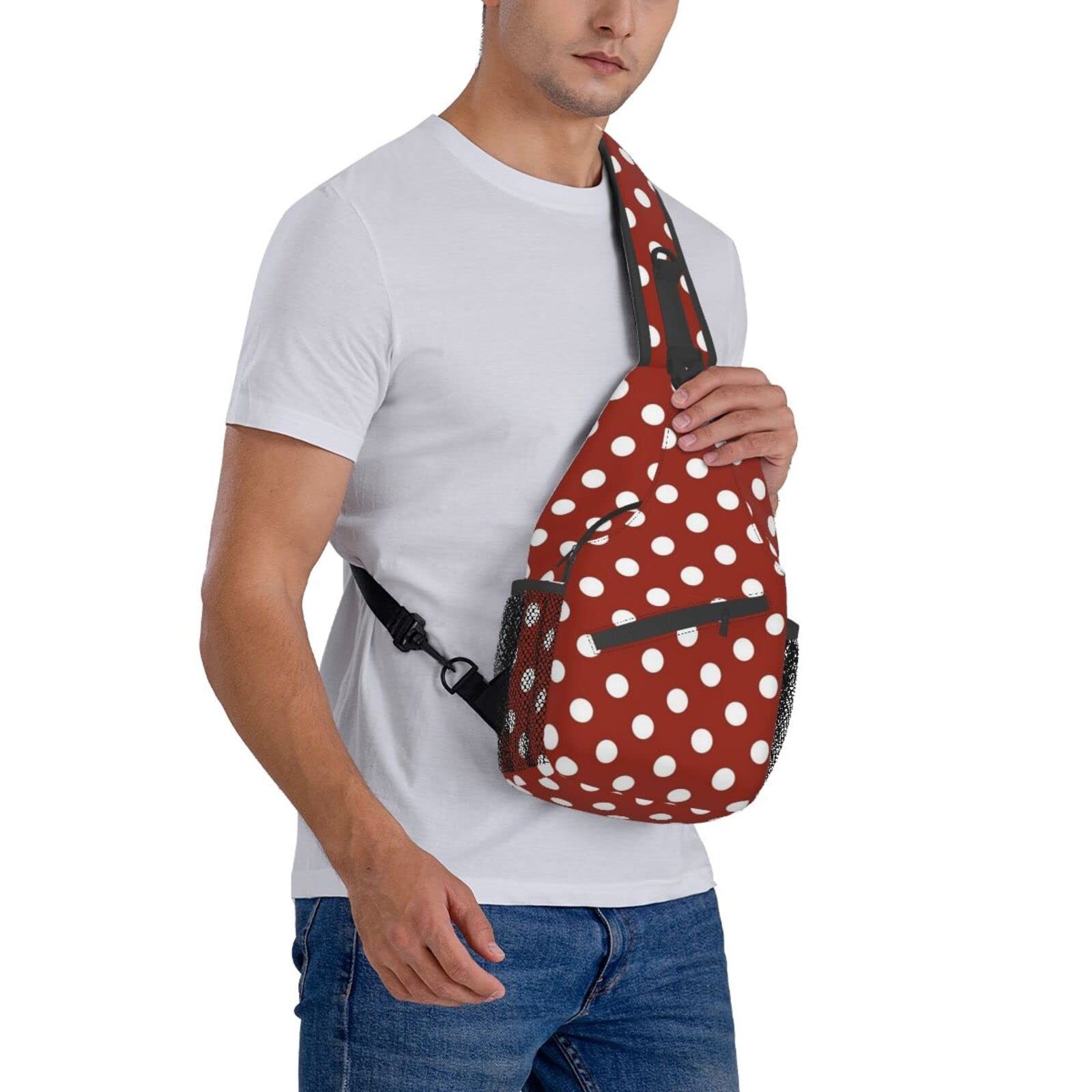 Cute Red White Polka Dot Sling Backpack,Travel Hiking Daypack Crossbody Shoul…