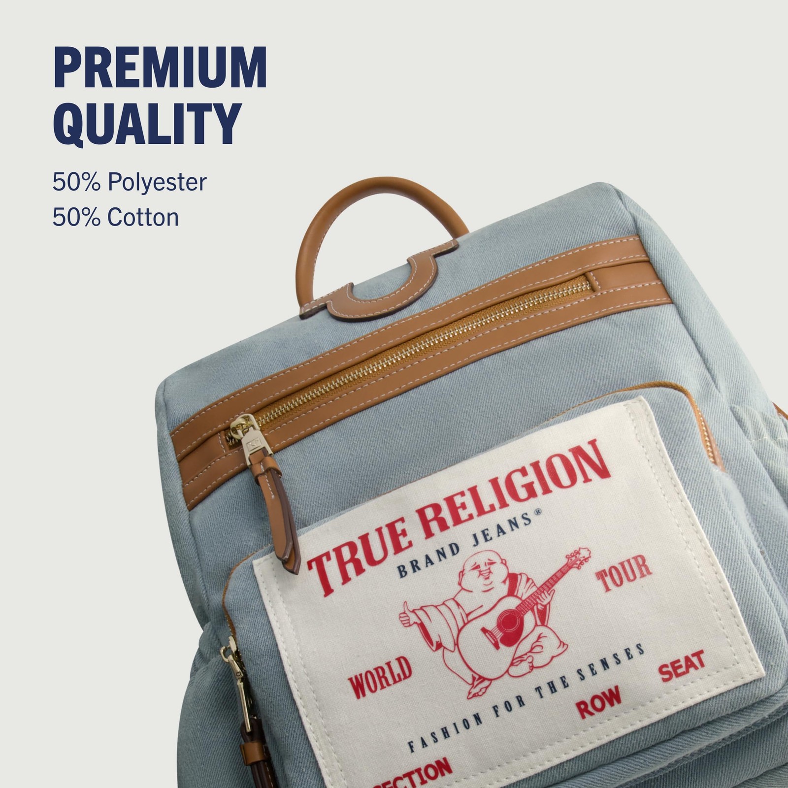 Backpack, Buddha Patch Bag with Horseshoe Logo and Zip Pocket Travel Bag, Denim