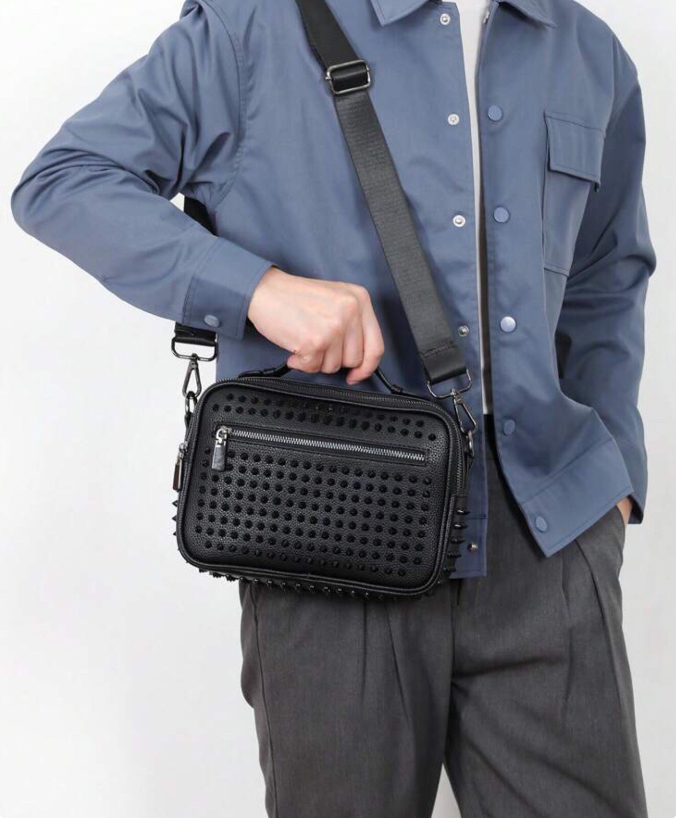 Men’s Large Capacity Rivet Studded Crossbody Bag