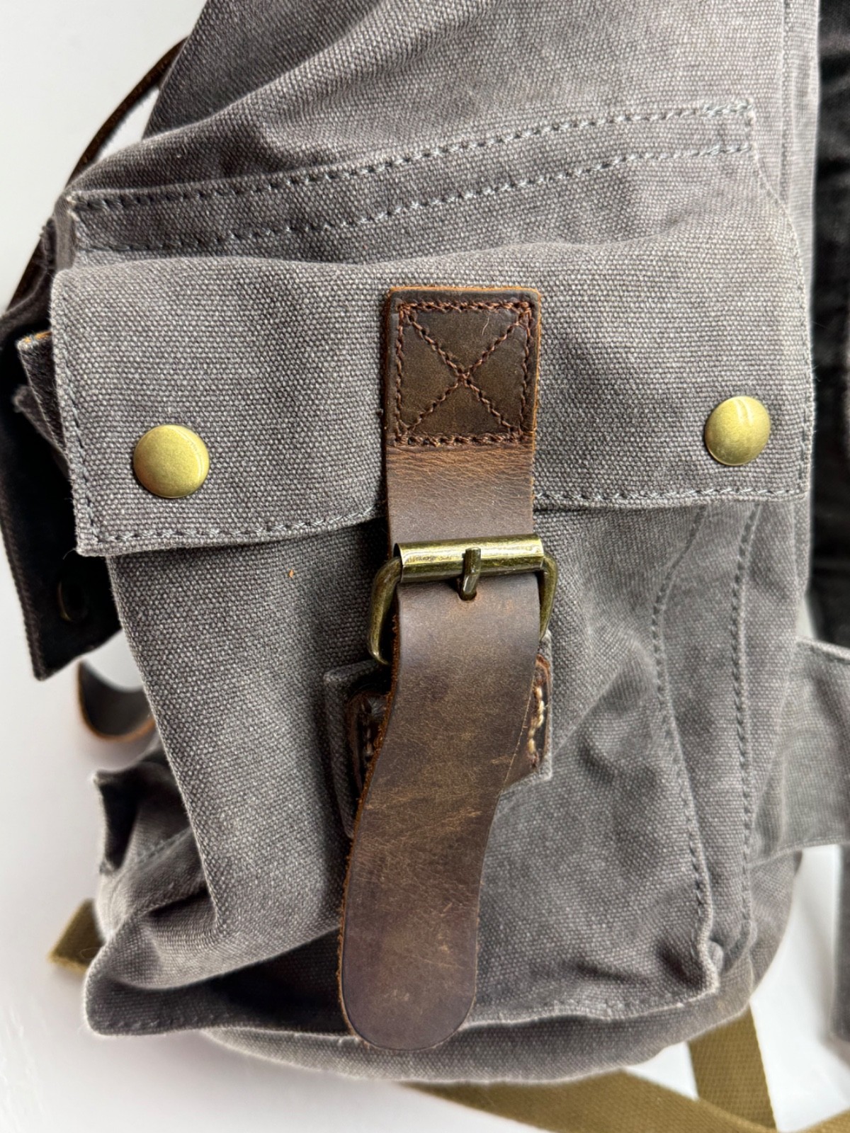 KATTEE Leather Backpack Canvas Travel Bag Rucksack Gray Brown Pockets Buckles