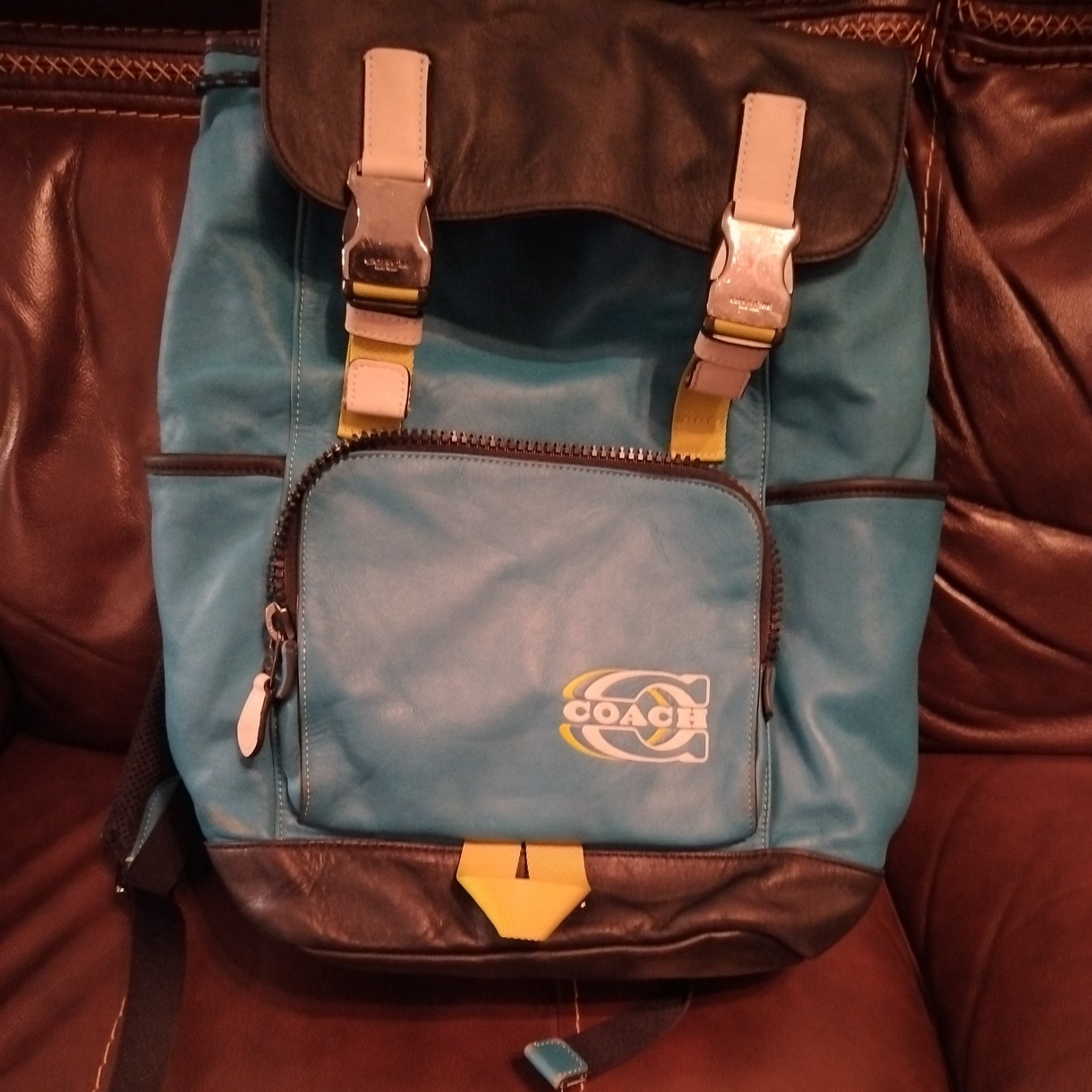 Coach Track Backpack Colorblock Stamp Leather Drawstring Pockets Laptop Buckle