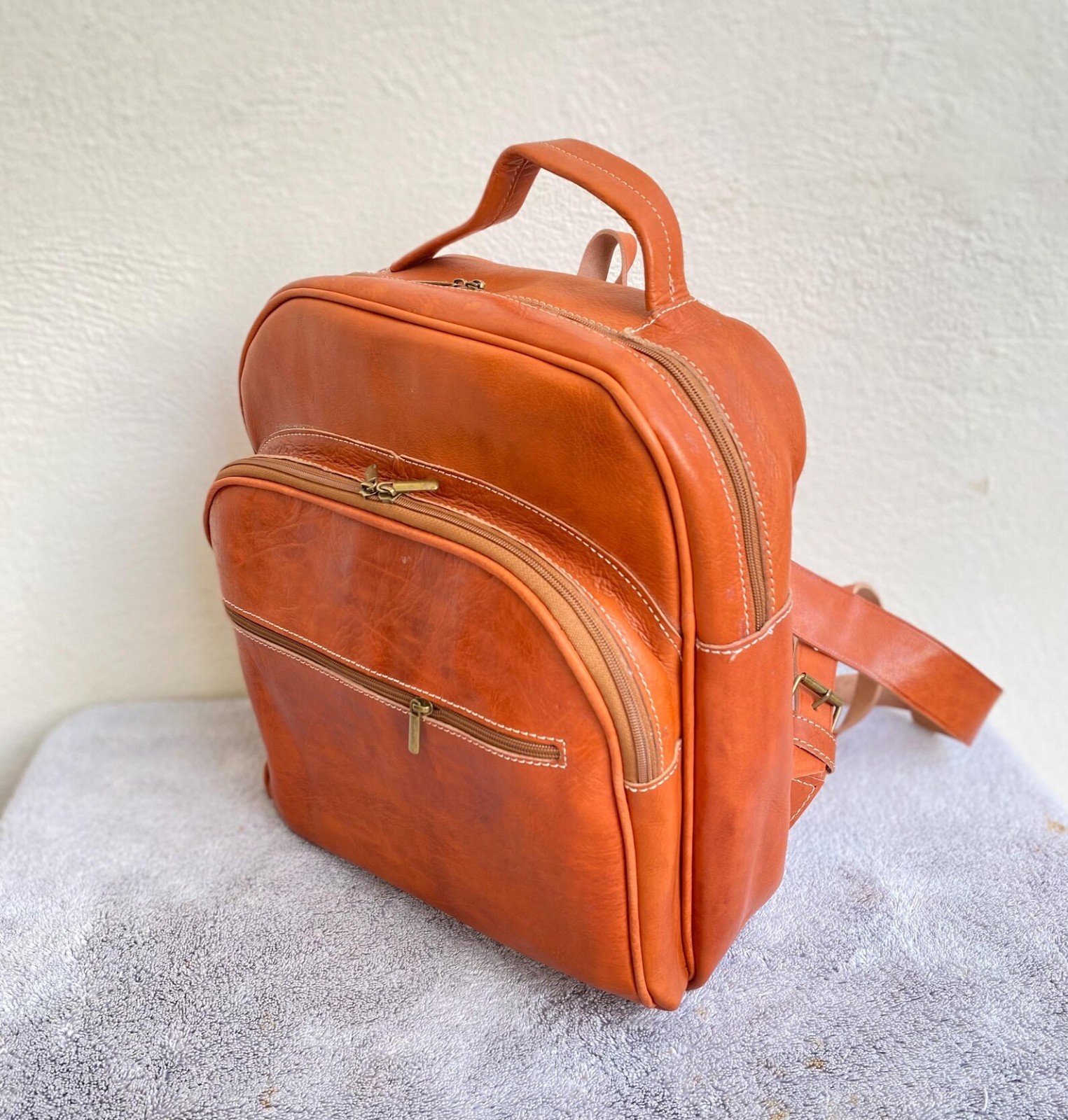 Handcrafted Genuine Leather Backpack – Cognac Color | 45 × 33 cm | Handmade