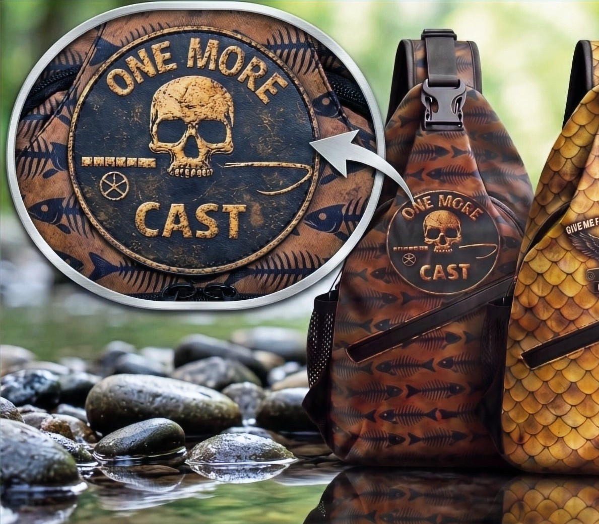ONE MORE CAST Sling Pack – Skull & Bones Pattern – Oxford Crossbody
